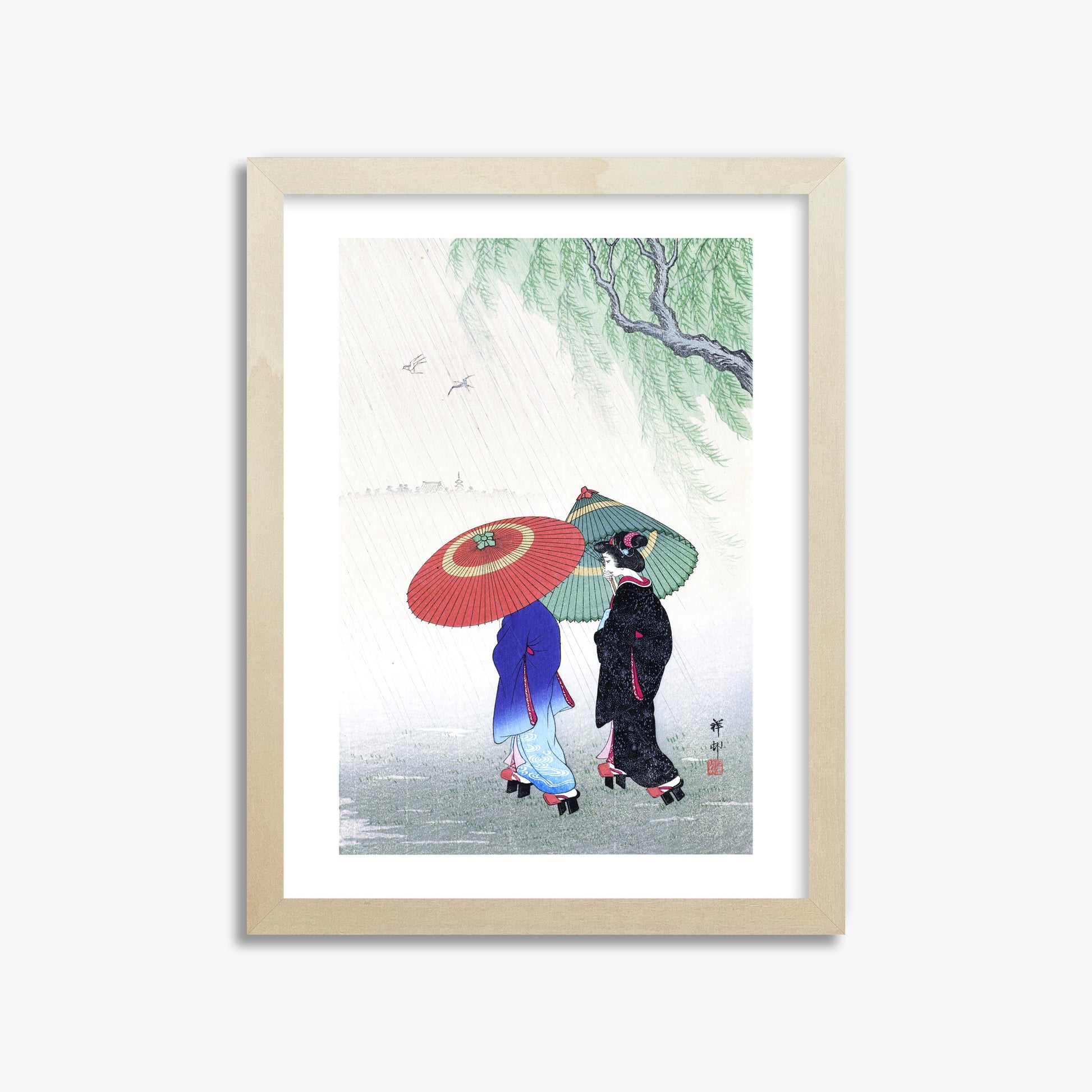Ohara Koson: Two Women in the Rain, 30x40cm Framed Art Reproduction With Lime Wood Frame