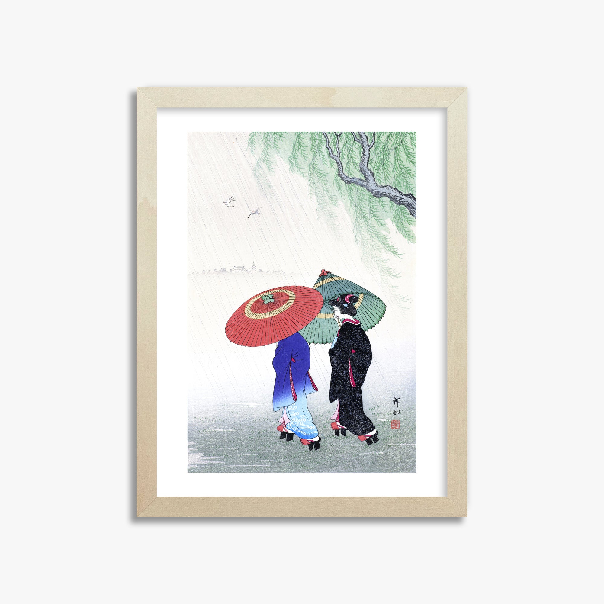Ohara Koson: Two Women in the Rain, 30x40cm Framed Art Reproduction With Lime Wood Frame