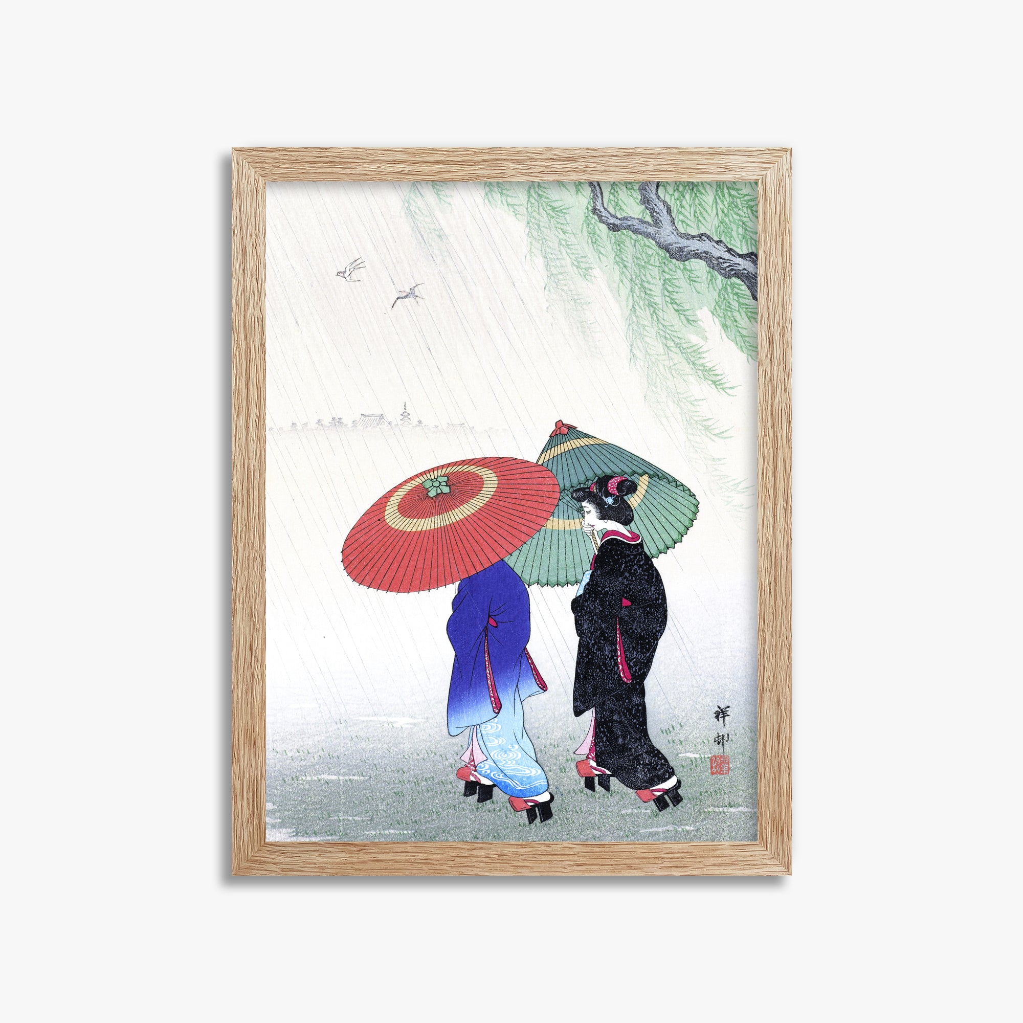 Ohara Koson: Two Women in the Rain, 30x40cm Framed Art Reproduction With Raw Oak Frame