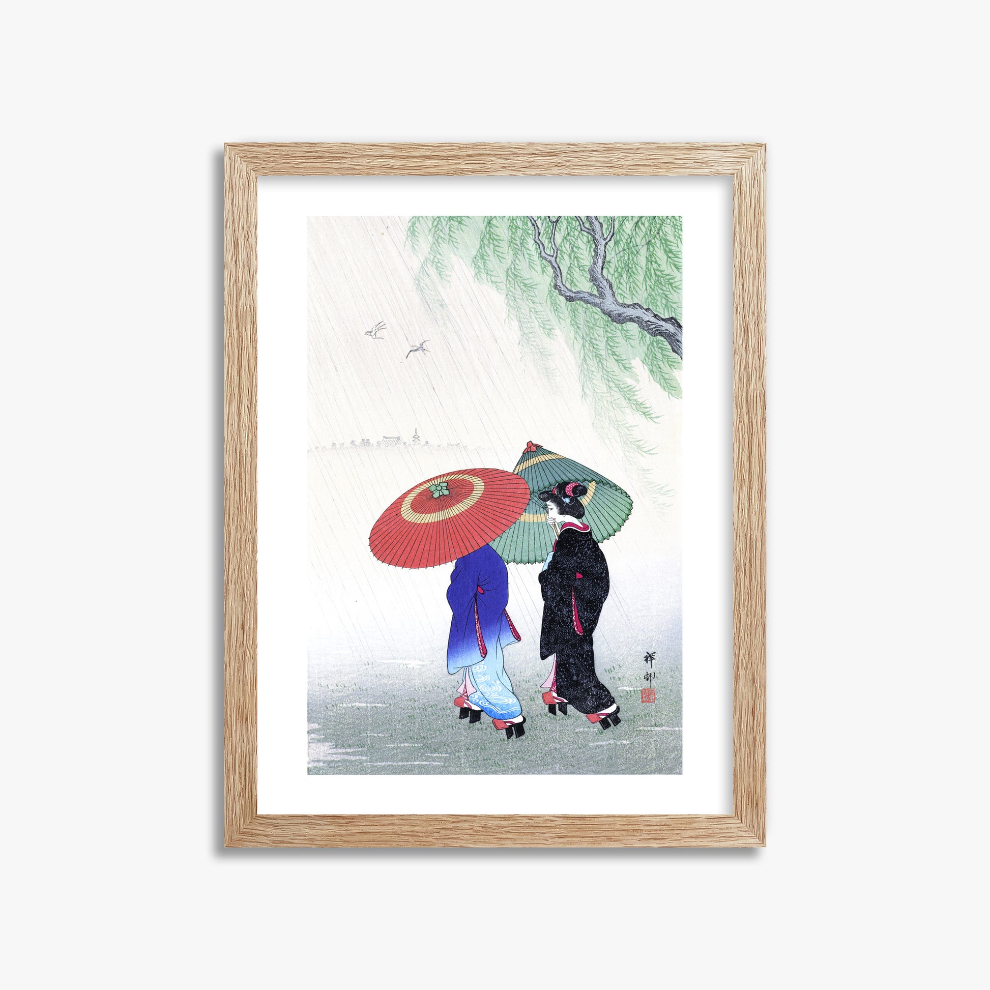 Ohara Koson: Two Women in the Rain, 30x40cm Framed Art Reproduction With Raw Oak Frame