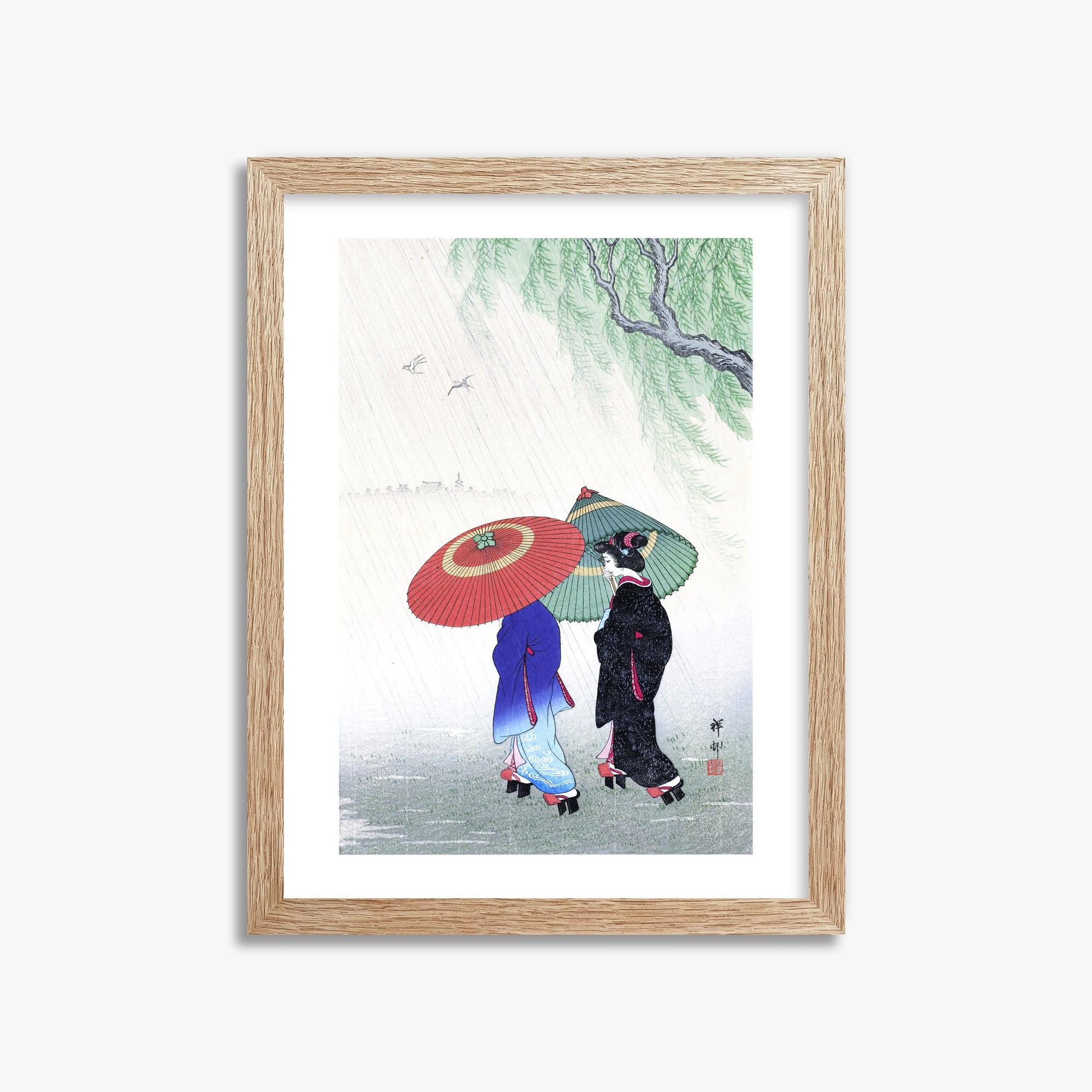 Ohara Koson: Two Women in the Rain, 30x40cm Framed Art Reproduction With Raw Oak Frame