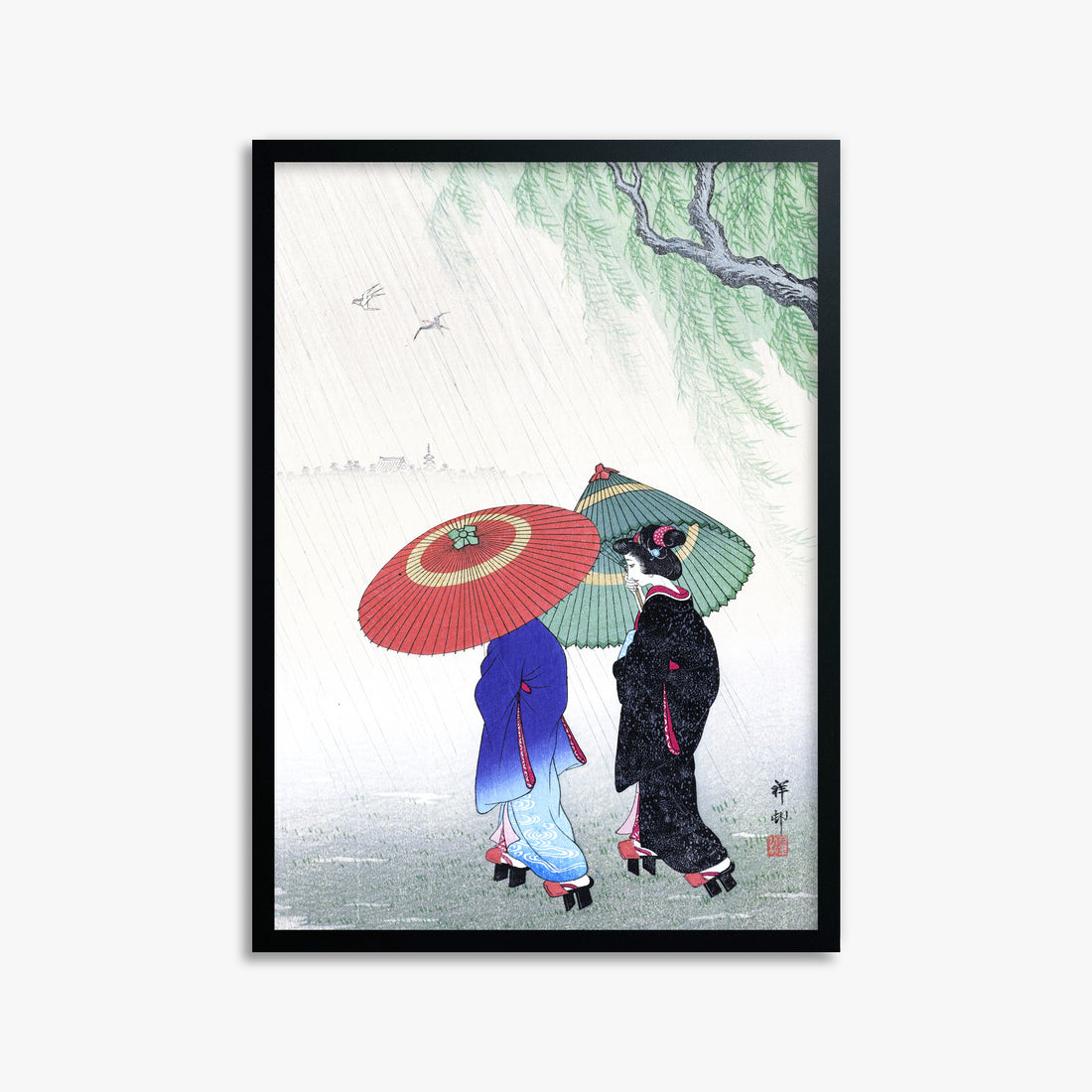 Ohara Koson: Two Women in the Rain, 50x70cm Framed Art Reproduction With Black Frame