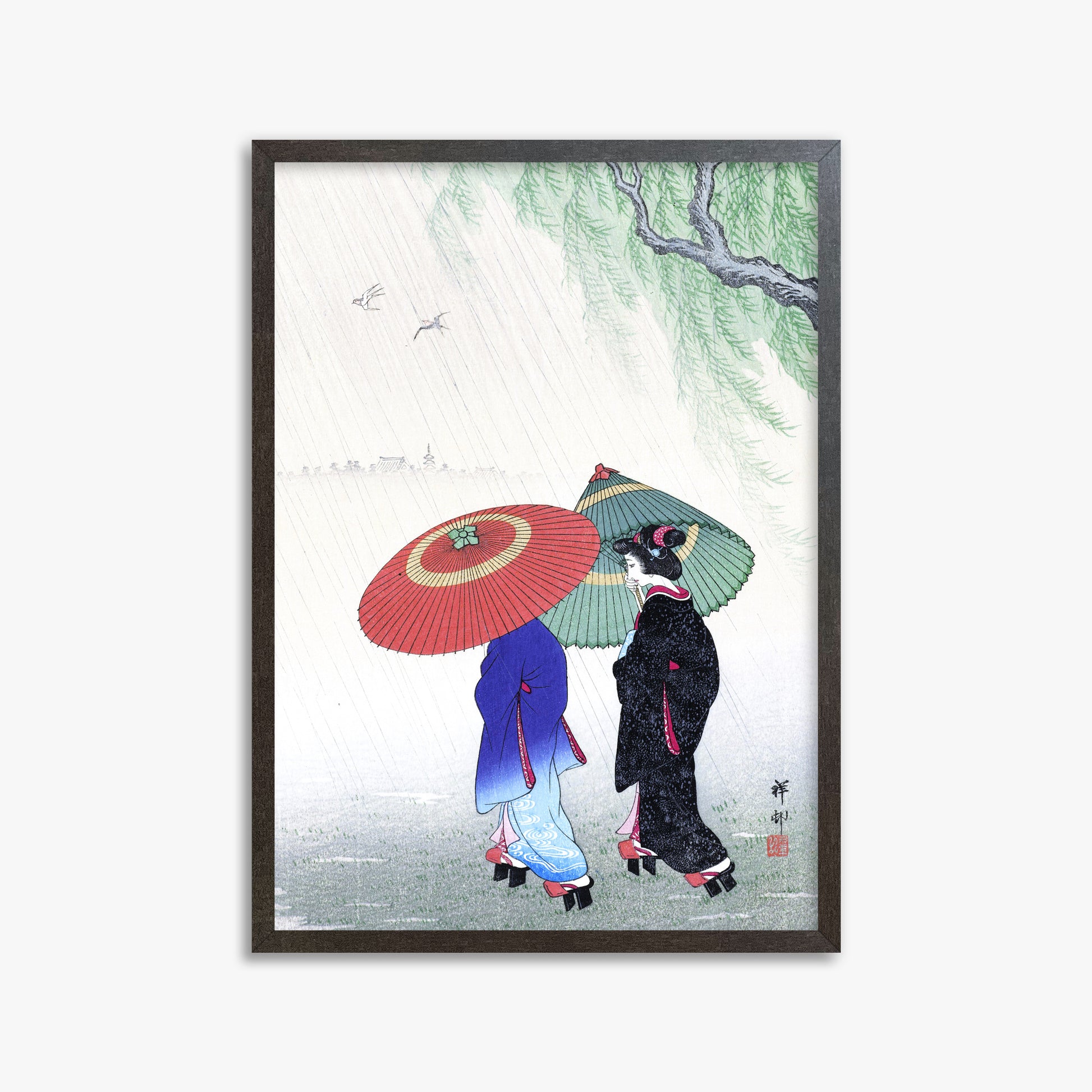 Ohara Koson: Two Women in the Rain, 50x70cm Framed Art Reproduction With Espresso Frame