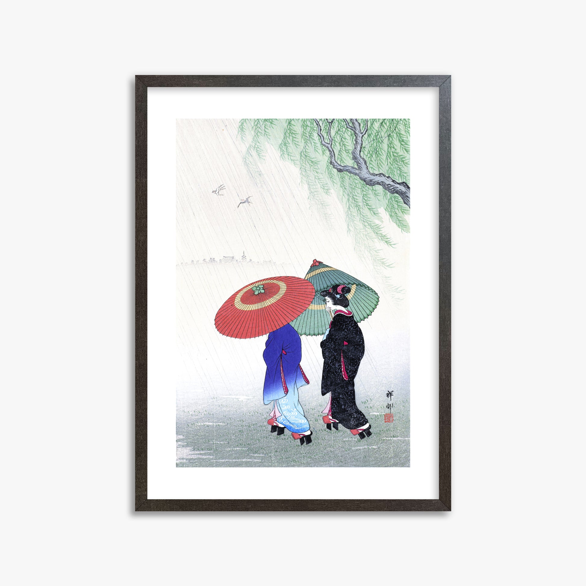 Ohara Koson: Two Women in the Rain, 50x70cm Framed Art Reproduction With Espresso Frame