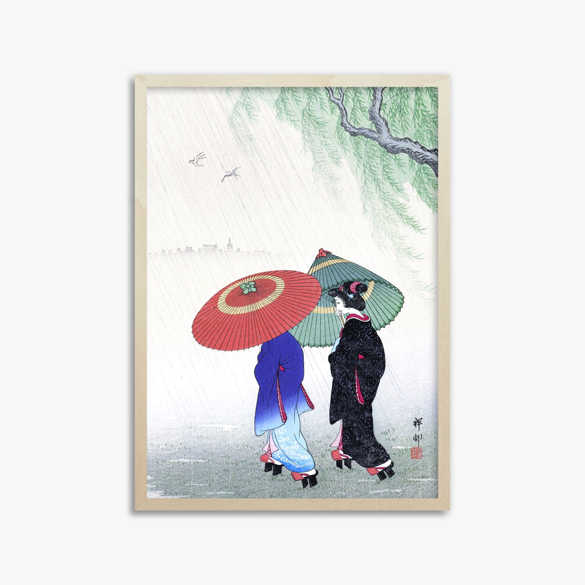Ohara Koson: Two Women in the Rain, 50x70cm Framed Art Reproduction With Lime Wood Frame