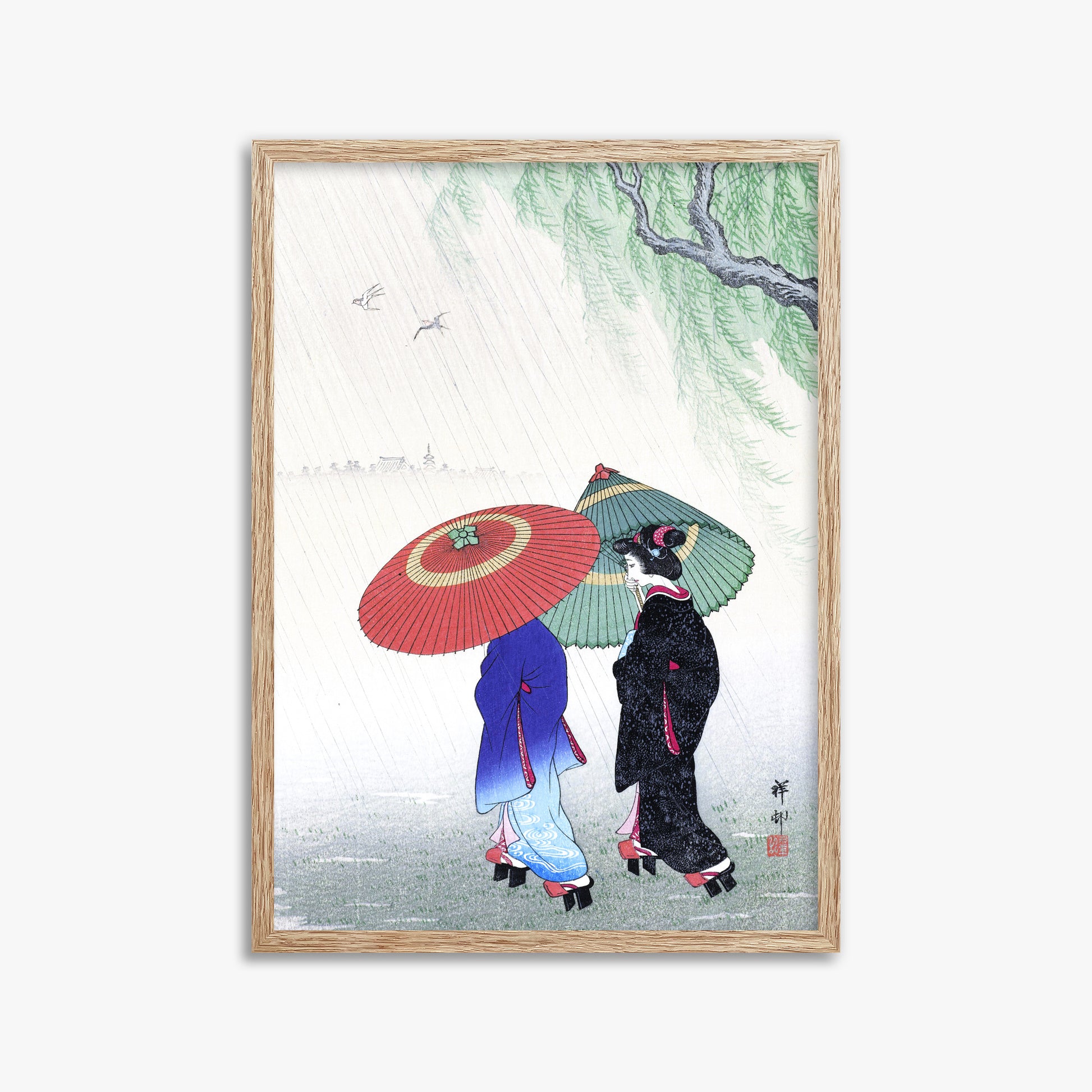 Ohara Koson: Two Women in the Rain, 50x70cm Framed Art Reproduction With Raw Oak Frame