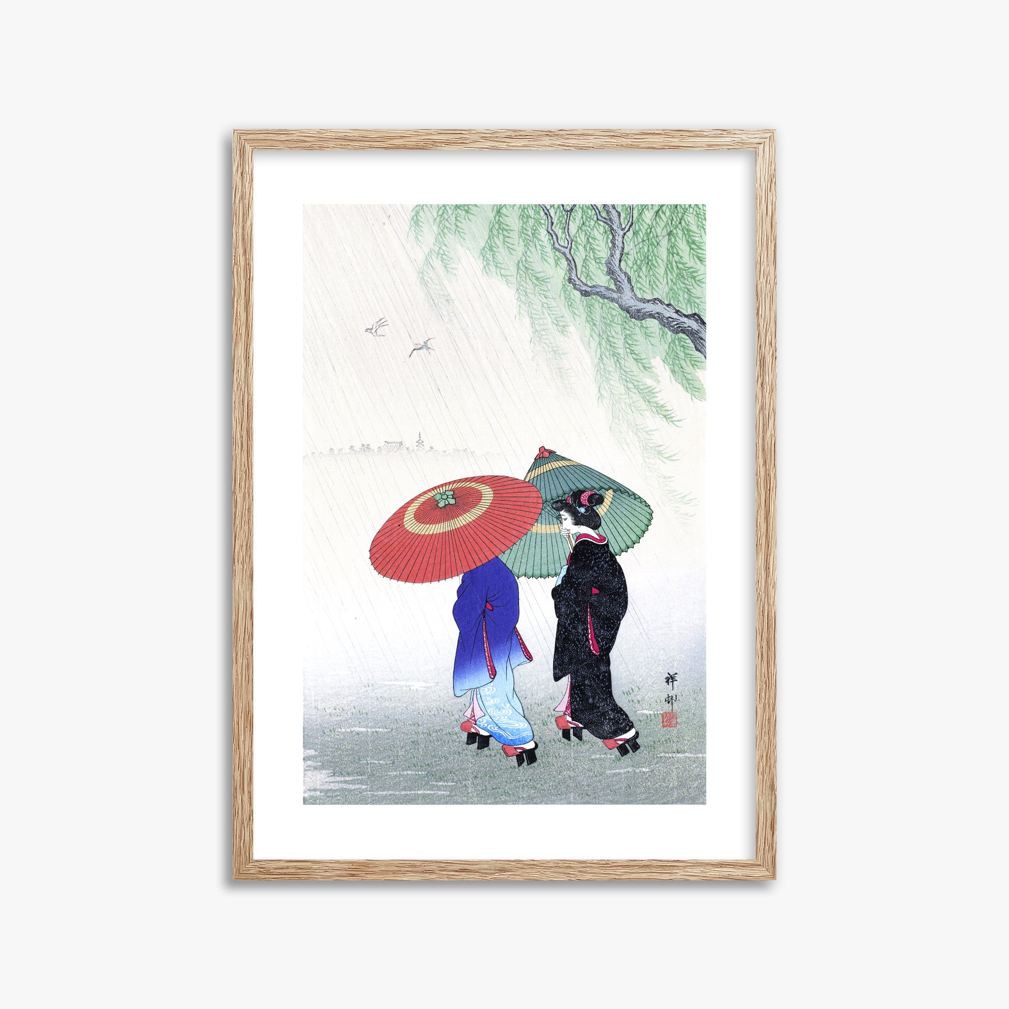 Ohara Koson: Two Women in the Rain, 50x70cm Framed Art Reproduction With Raw Oak Frame