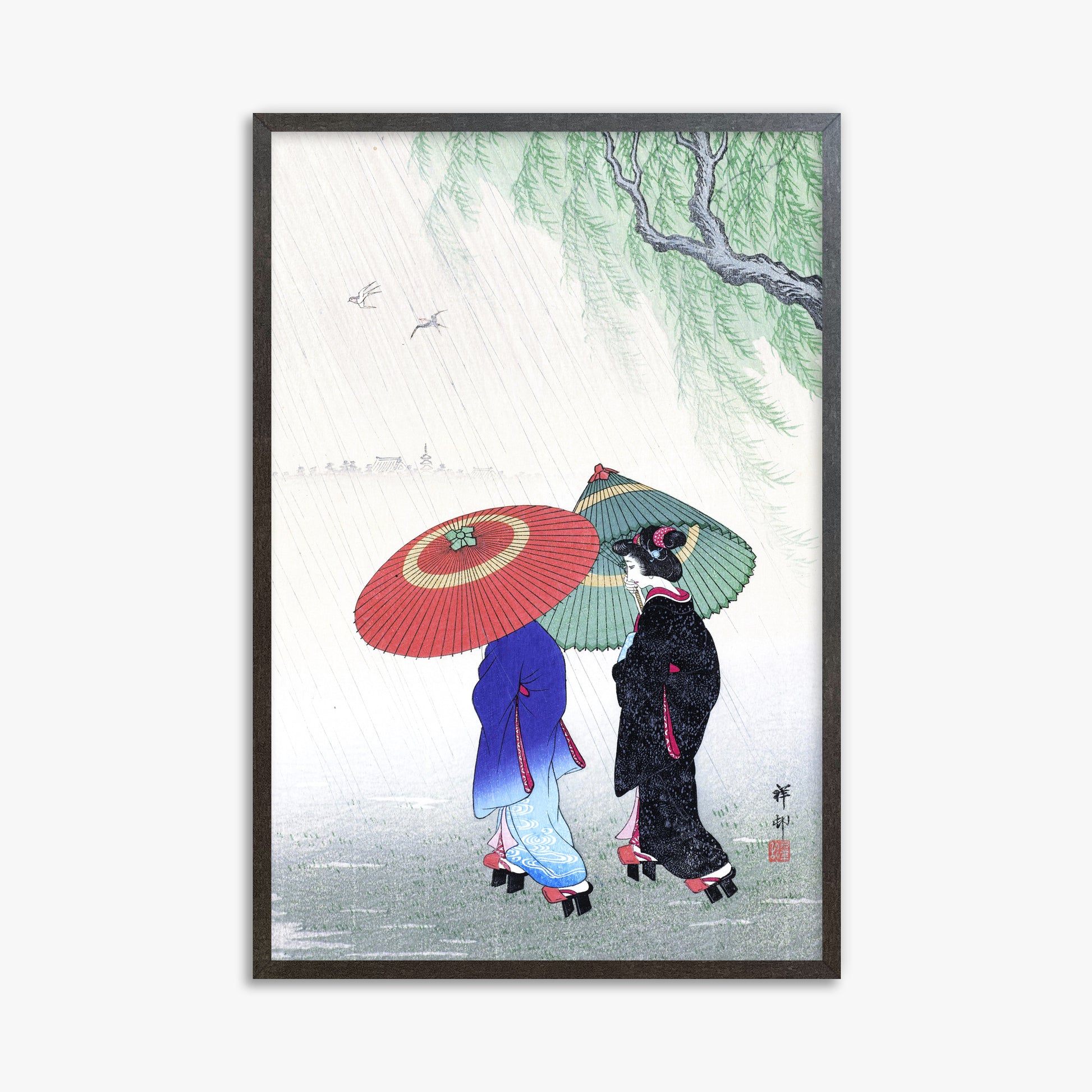 Ohara Koson: Two Women in the Rain, 61x91cm Framed Art Reproduction With Espresso Frame