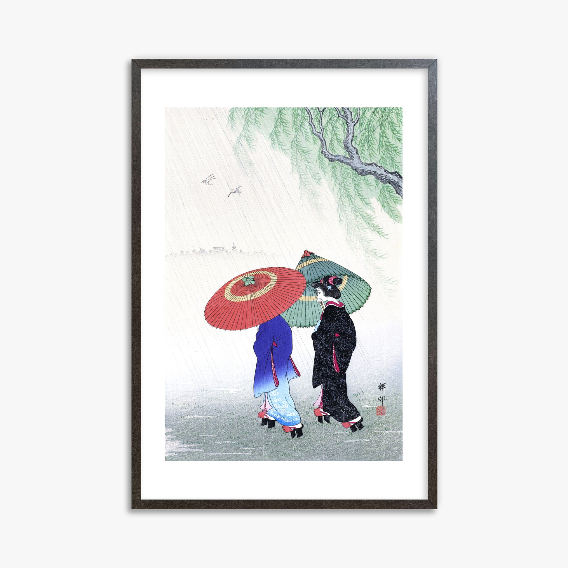 Ohara Koson: Two Women in the Rain, 61x91cm Framed Art Reproduction With Espresso Frame