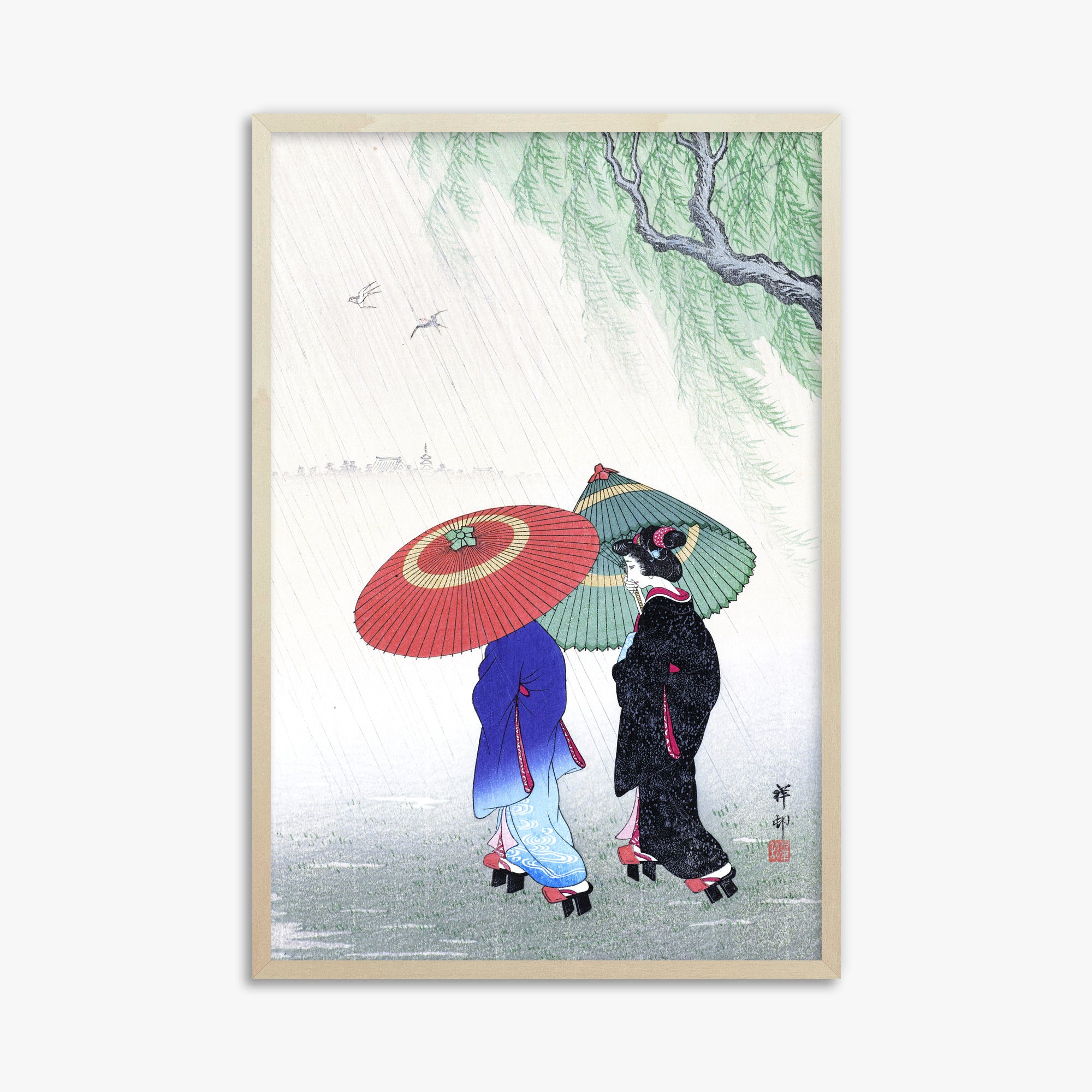 Ohara Koson: Two Women in the Rain, 61x91cm Framed Art Reproduction With Lime Wood Frame