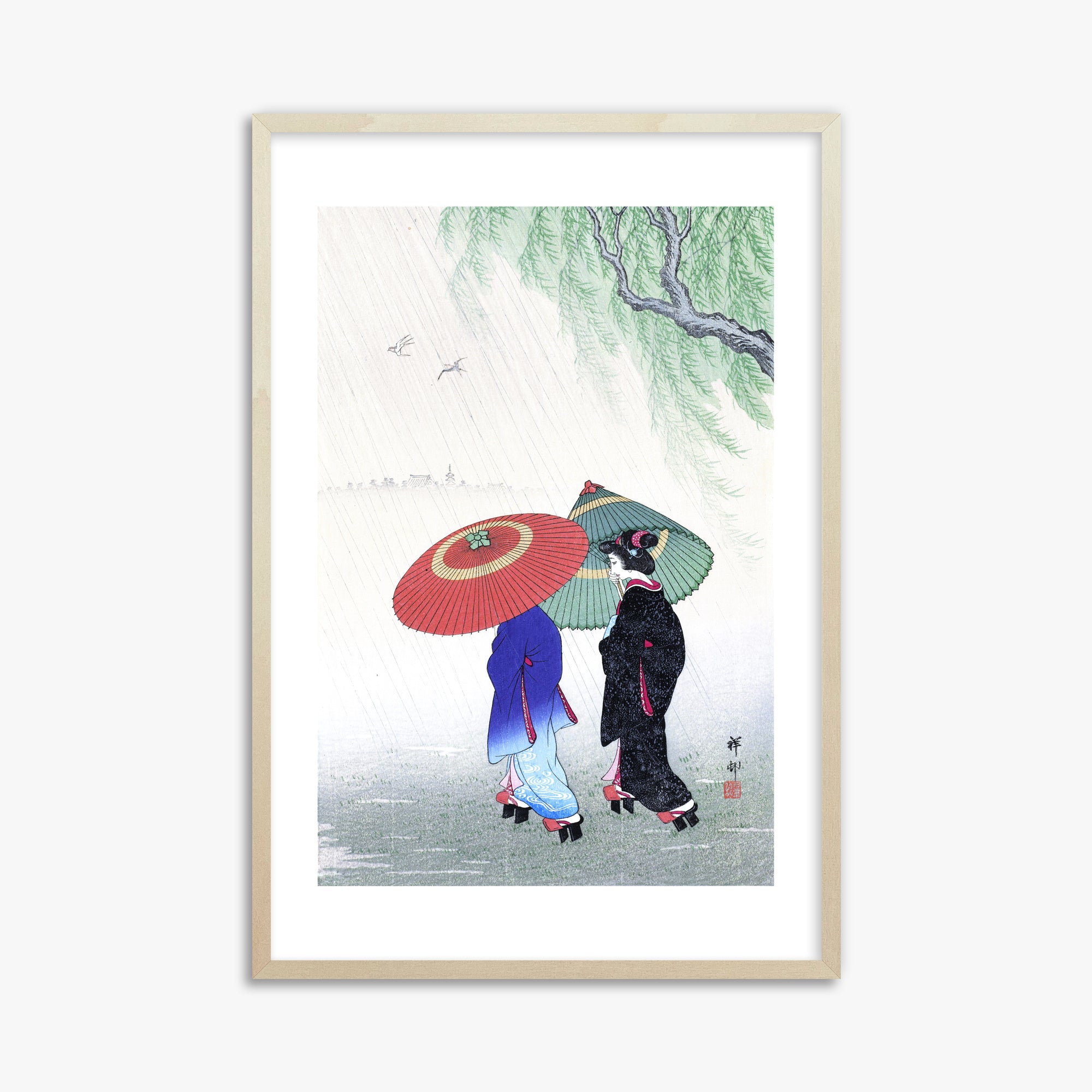 Ohara Koson: Two Women in the Rain, 61x91cm Framed Art Reproduction With Lime Wood Frame