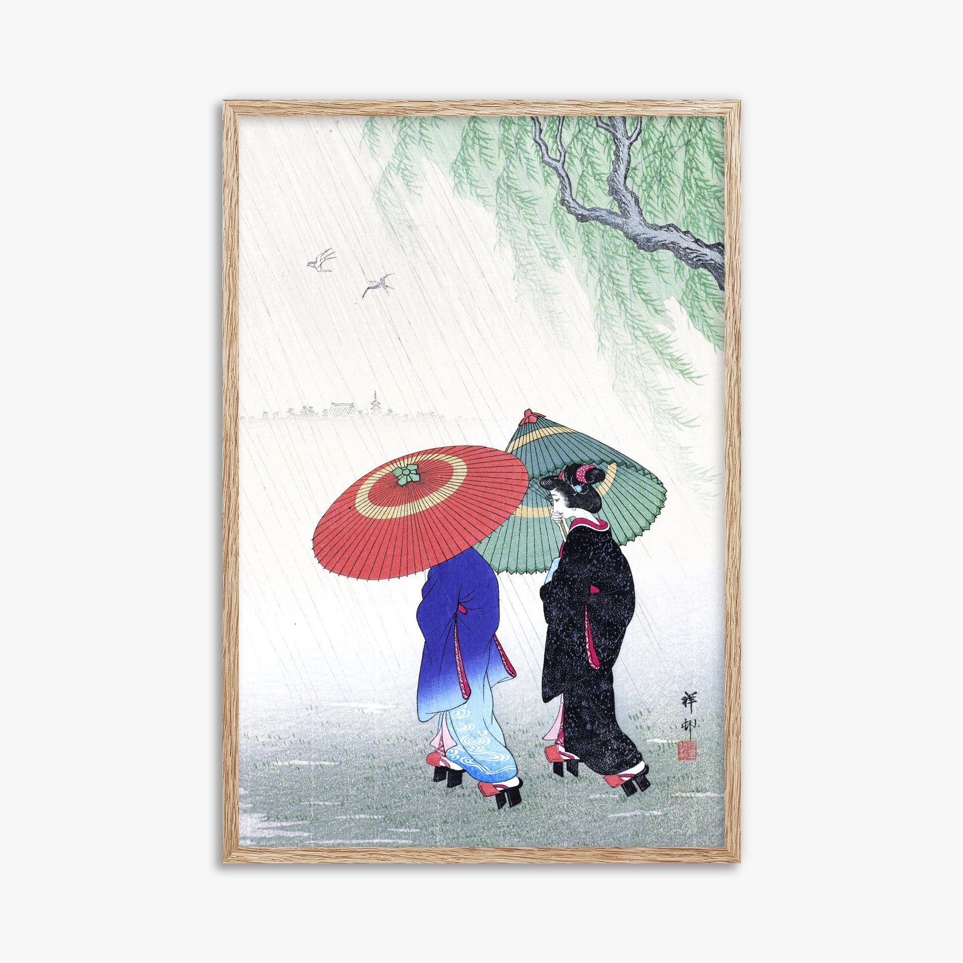 Ohara Koson: Two Women in the Rain, 61x91cm Framed Art Reproduction With Raw Oak Frame