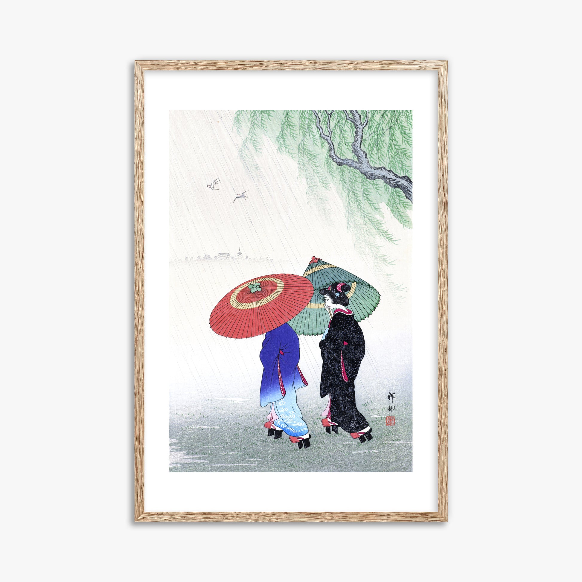 Ohara Koson: Two Women in the Rain, 61x91cm Framed Art Reproduction With Raw Oak Frame