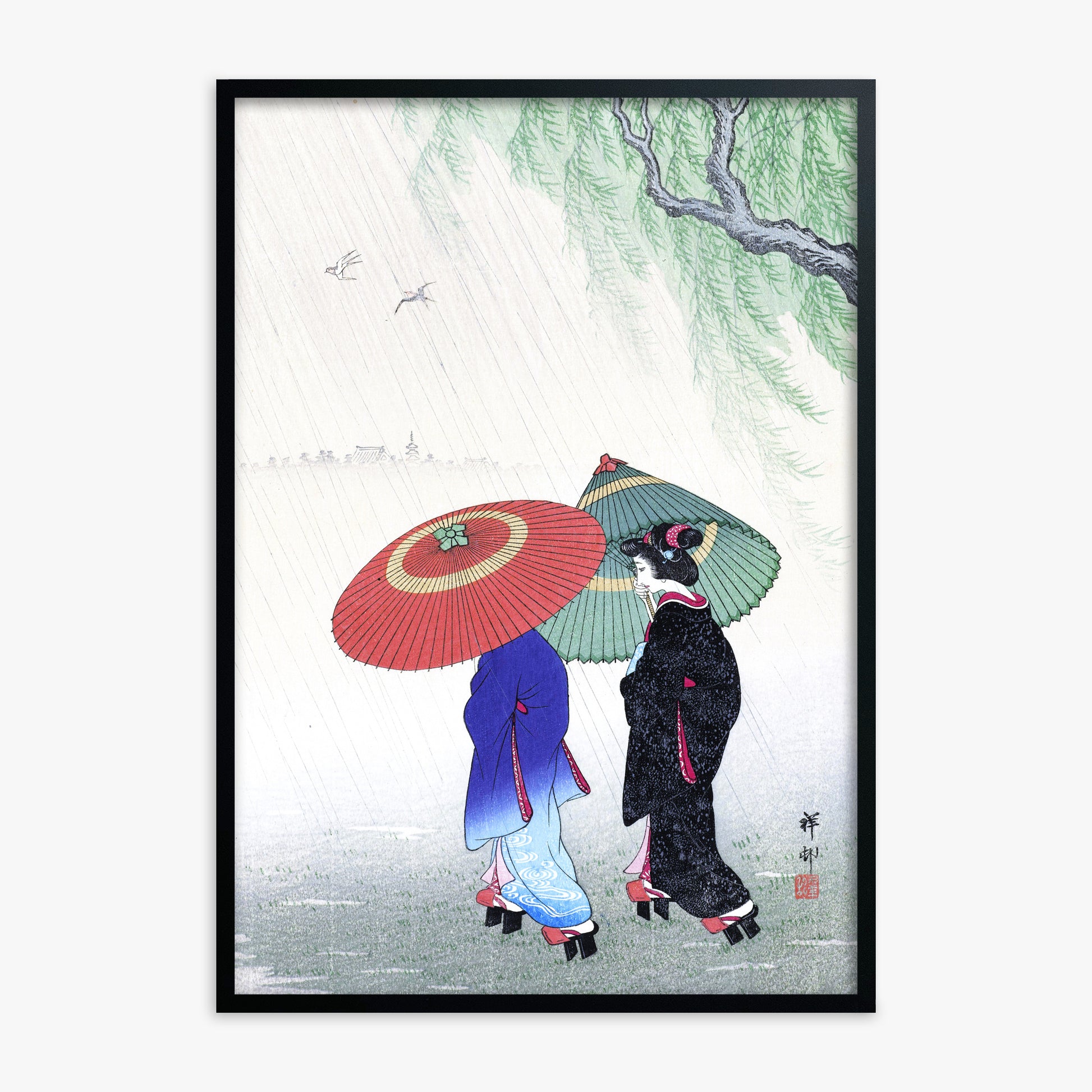 Ohara Koson: Two Women in the Rain, Black Framed Art Reproduction With Black Frame