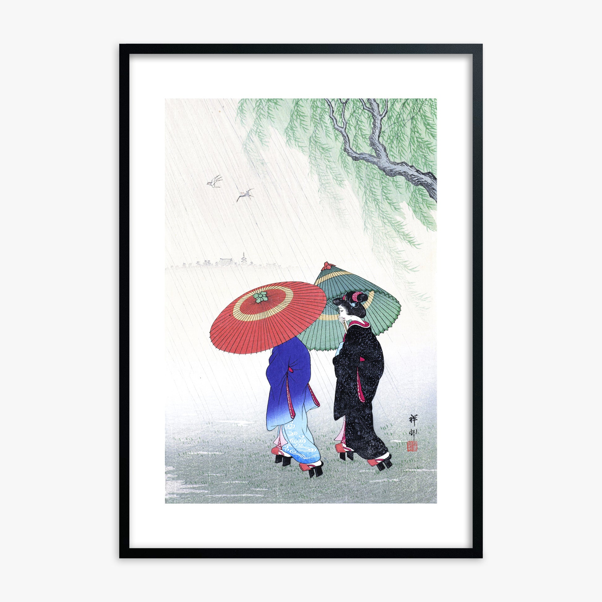 Ohara Koson: Two Women in the Rain, Black Framed Art Reproduction With Black Frame