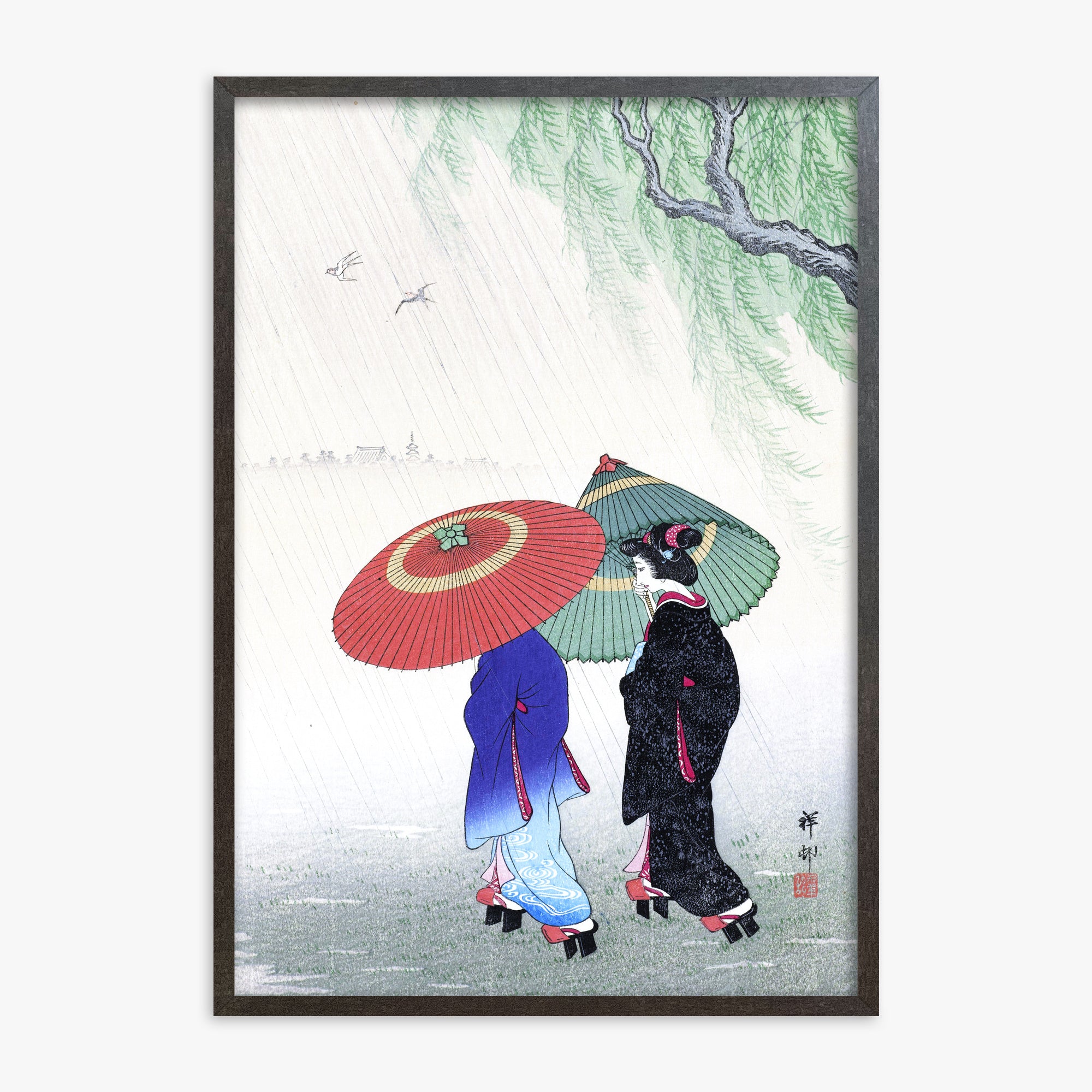 Ohara Koson: Two Women in the Rain, 70x100cm Framed Art Reproduction With Espresso Frame