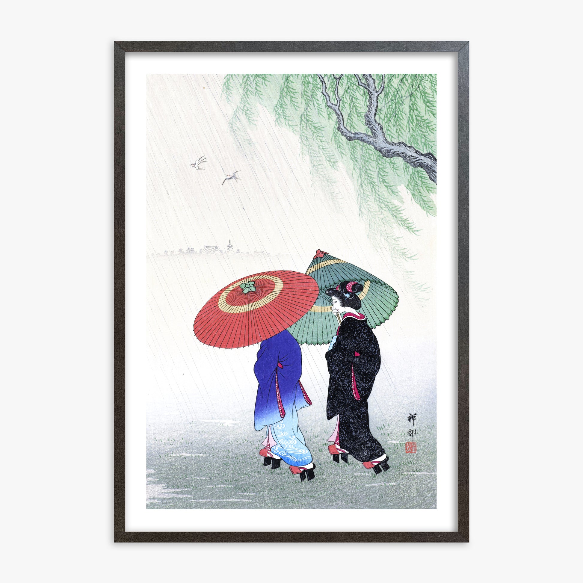 Ohara Koson: Two Women in the Rain, 70x100cm Framed Art Reproduction With Espresso Frame