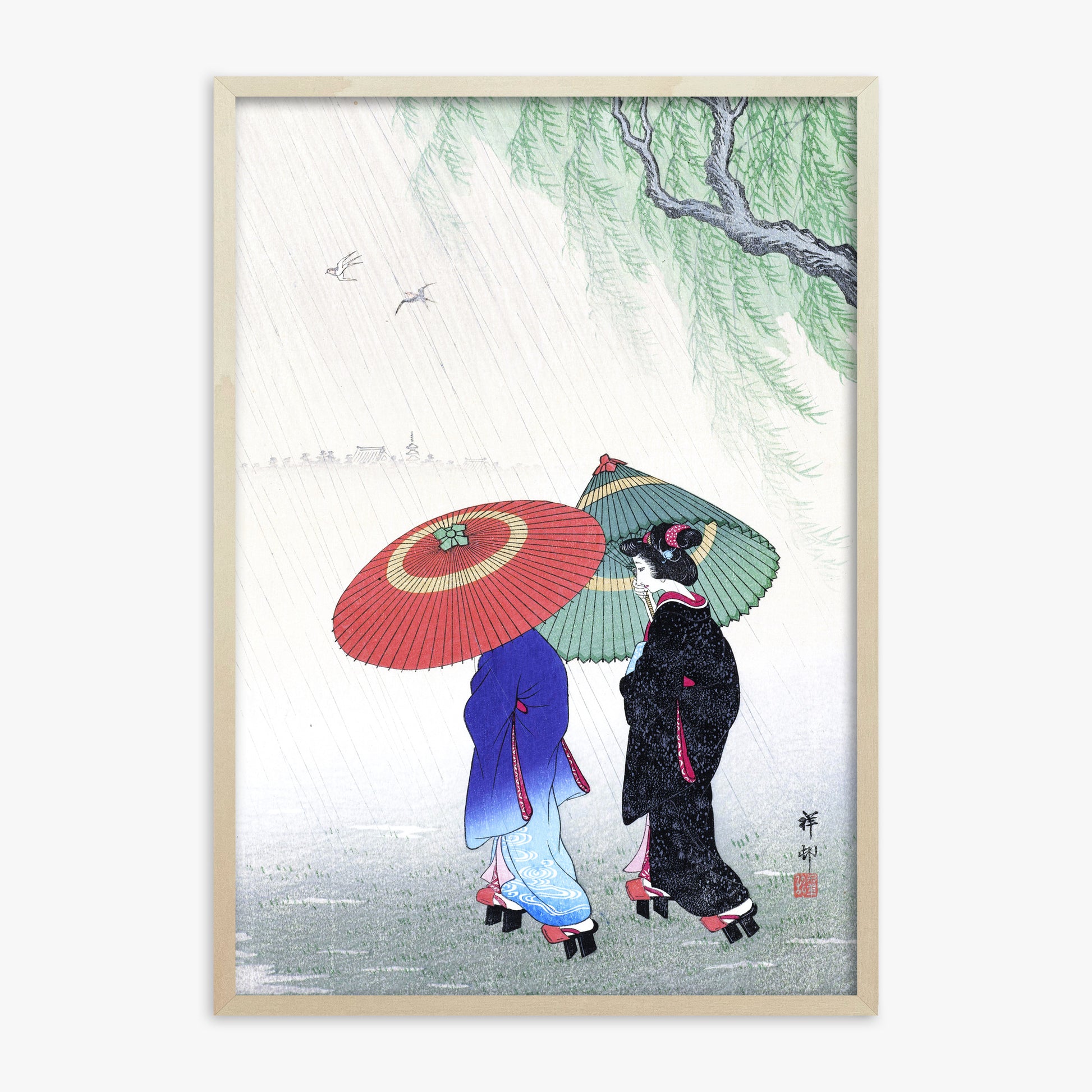 Ohara Koson: Two Women in the Rain, 70x100cm Framed Art Reproduction With Lime Wood Frame