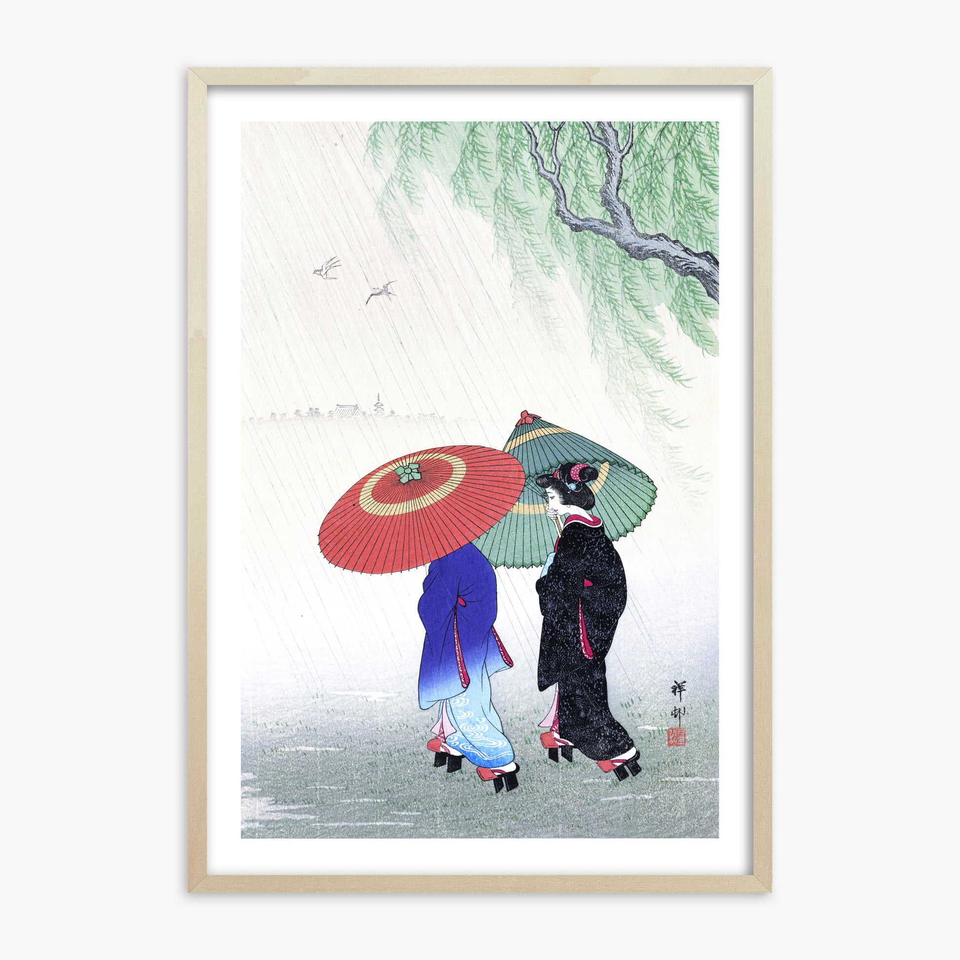 Ohara Koson: Two Women in the Rain, 70x100cm Framed Art Reproduction With Lime Wood Frame