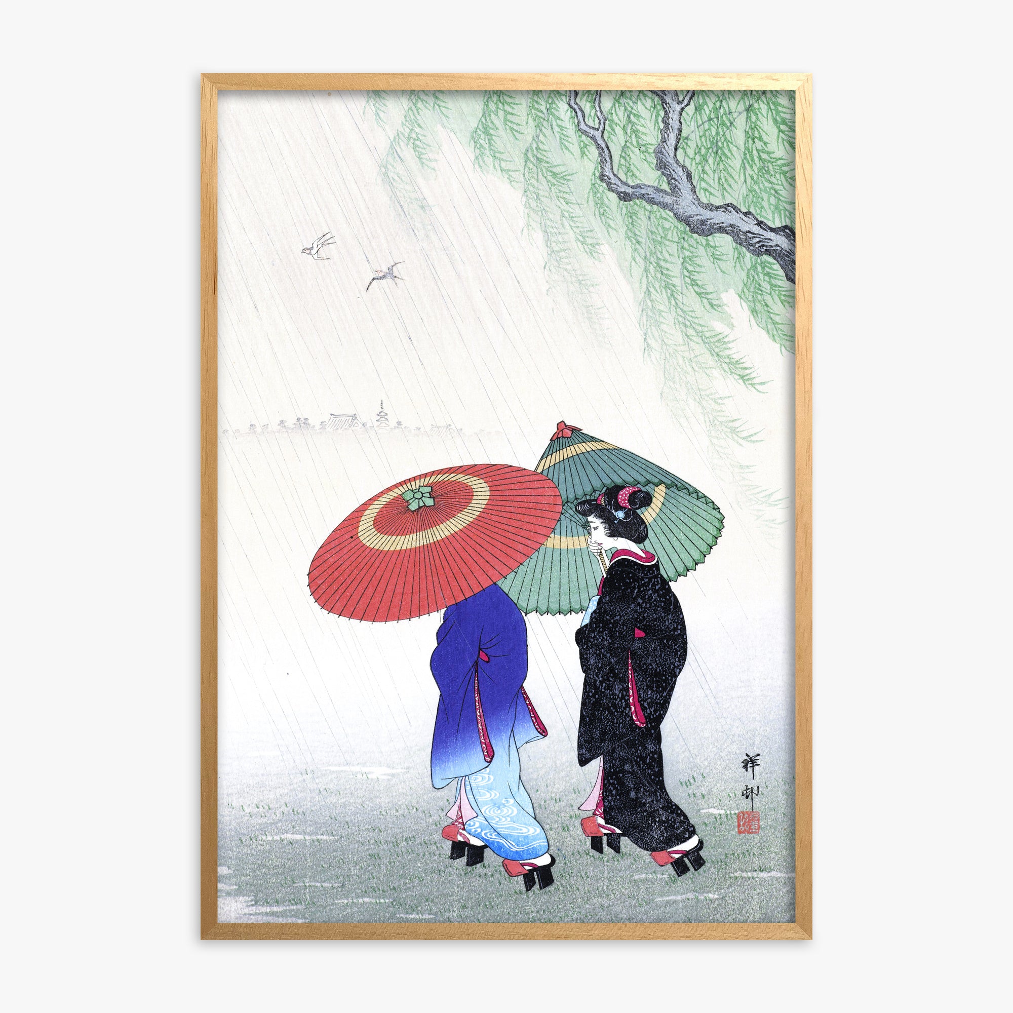 Ohara Koson: Two Women in the Rain, Oak Framed Art Reproduction With Oak Frame