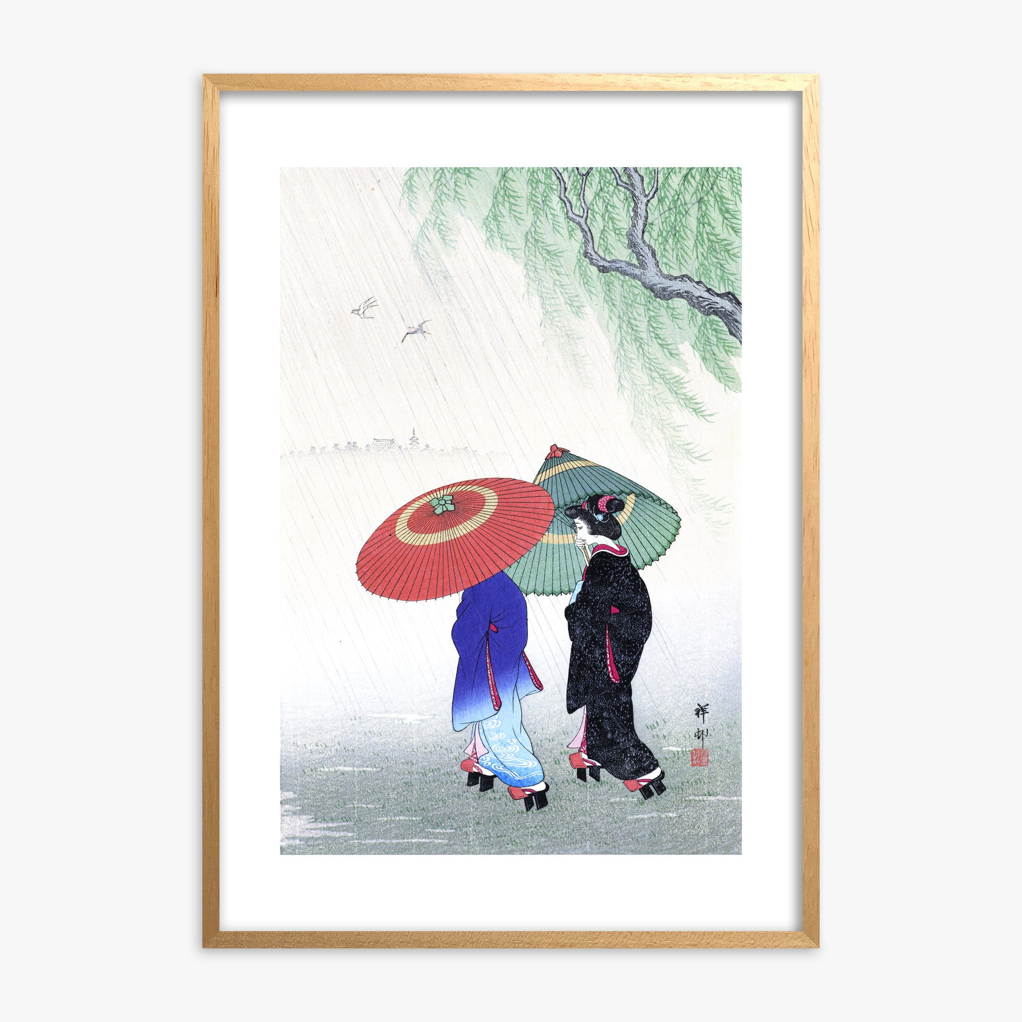 Ohara Koson: Two Women in the Rain, Oak Framed Art Reproduction With Oak Frame