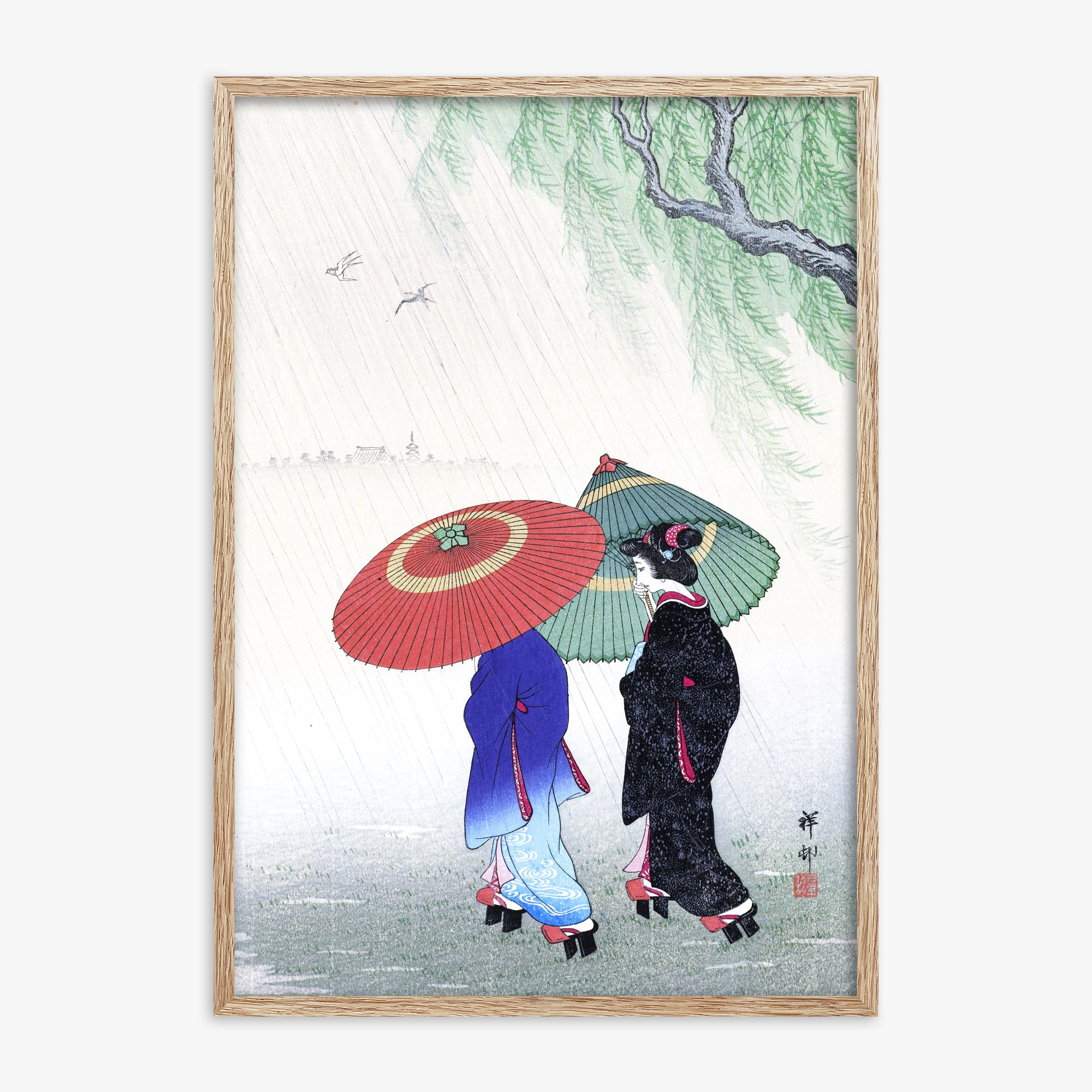Ohara Koson: Two Women in the Rain, 70x100cm Framed Art Reproduction With Raw Oak Frame