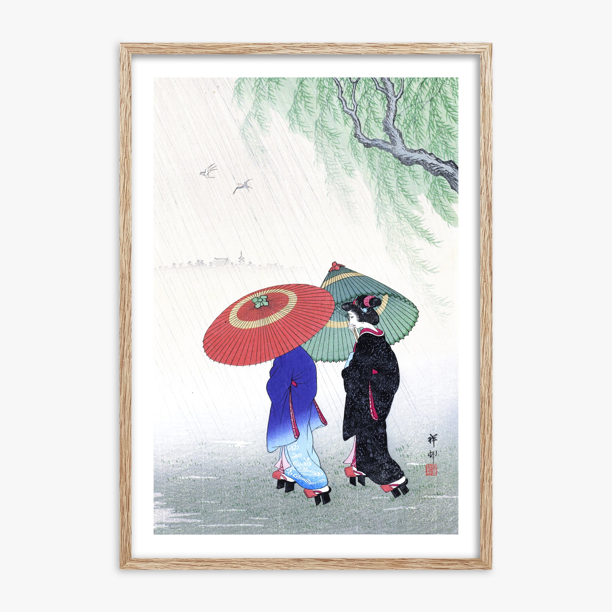 Ohara Koson: Two Women in the Rain, 70x100cm Framed Art Reproduction With Raw Oak Frame