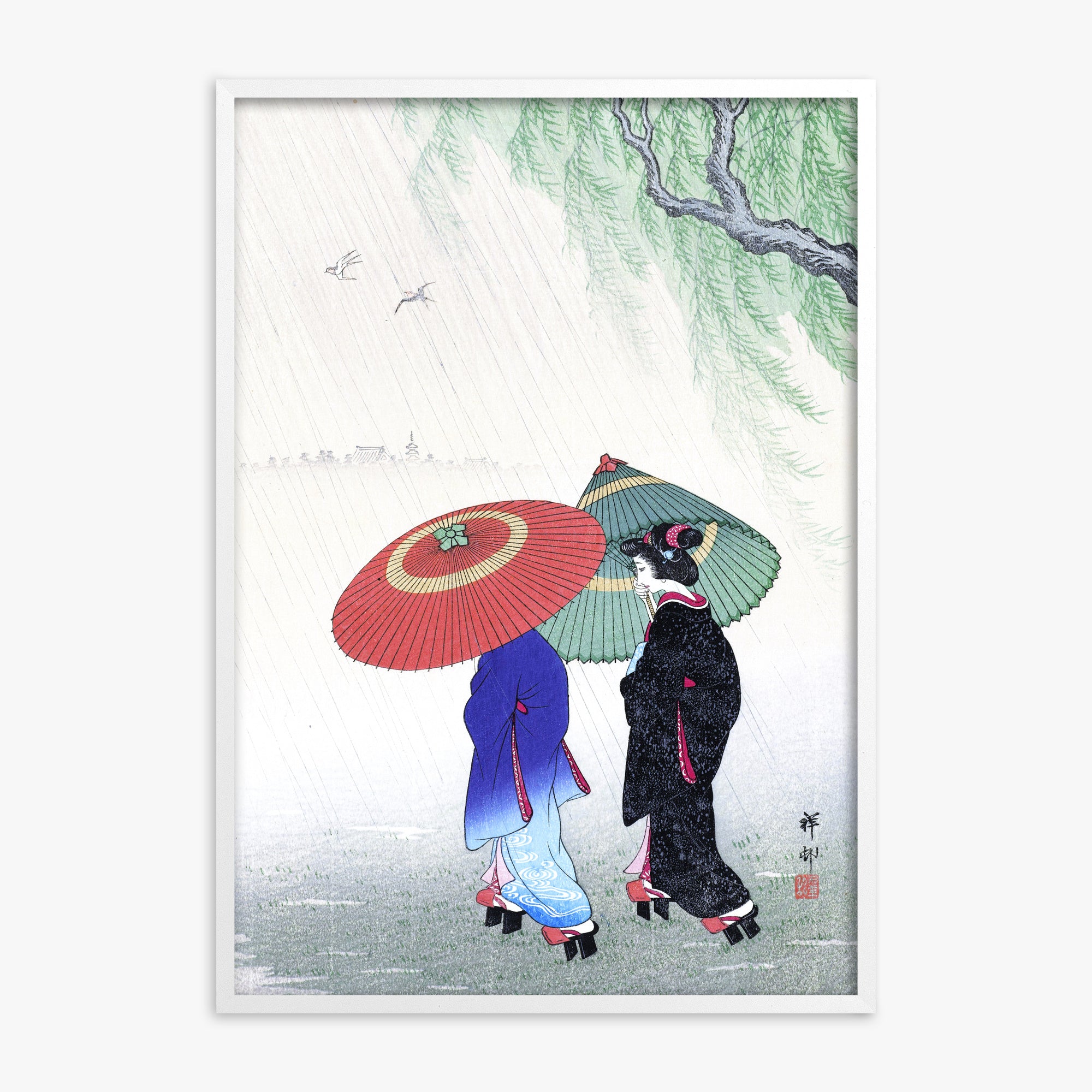 Ohara Koson: Two Women in the Rain, White Framed Art Reproduction With White Frame