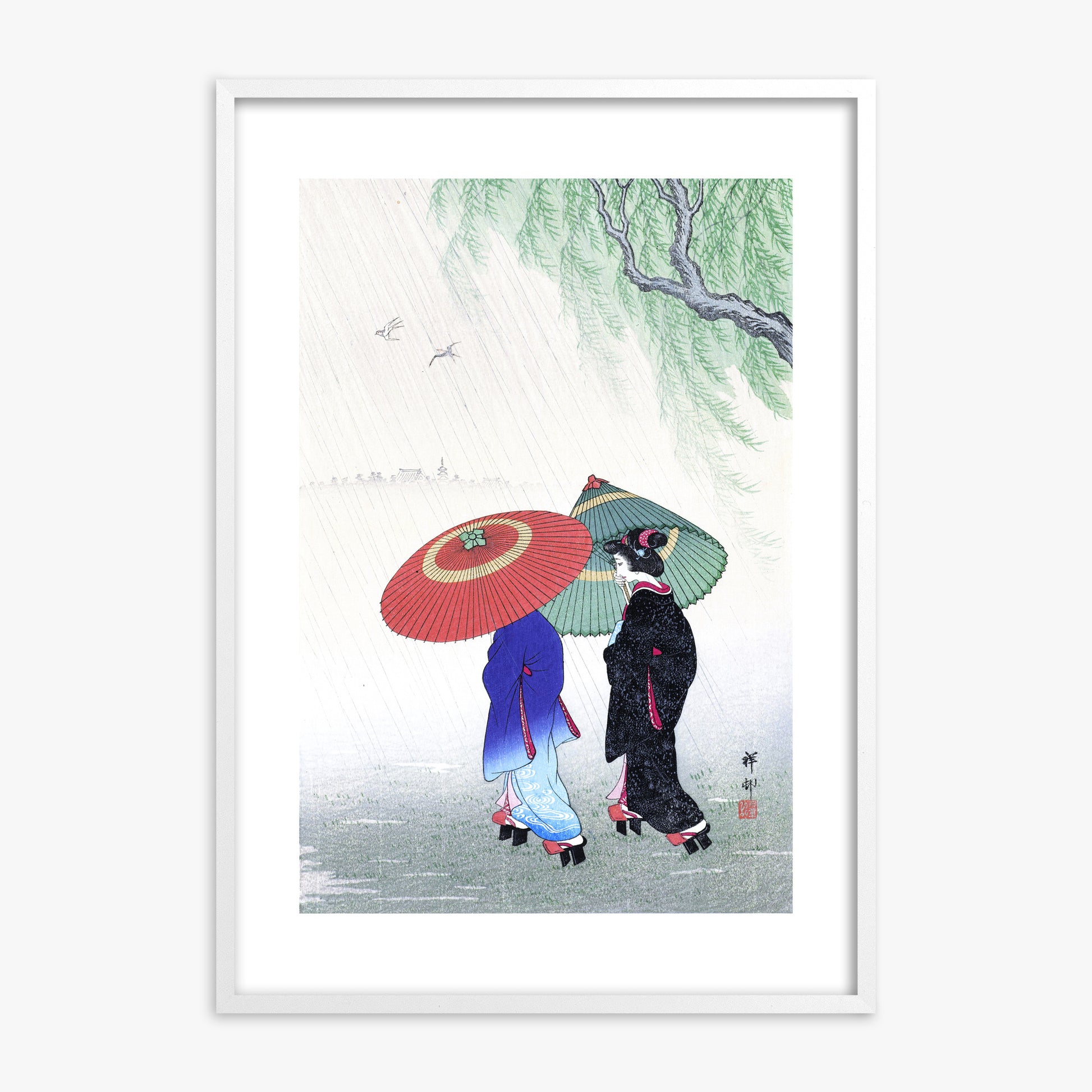 Ohara Koson: Two Women in the Rain, White Framed Art Reproduction With White Frame