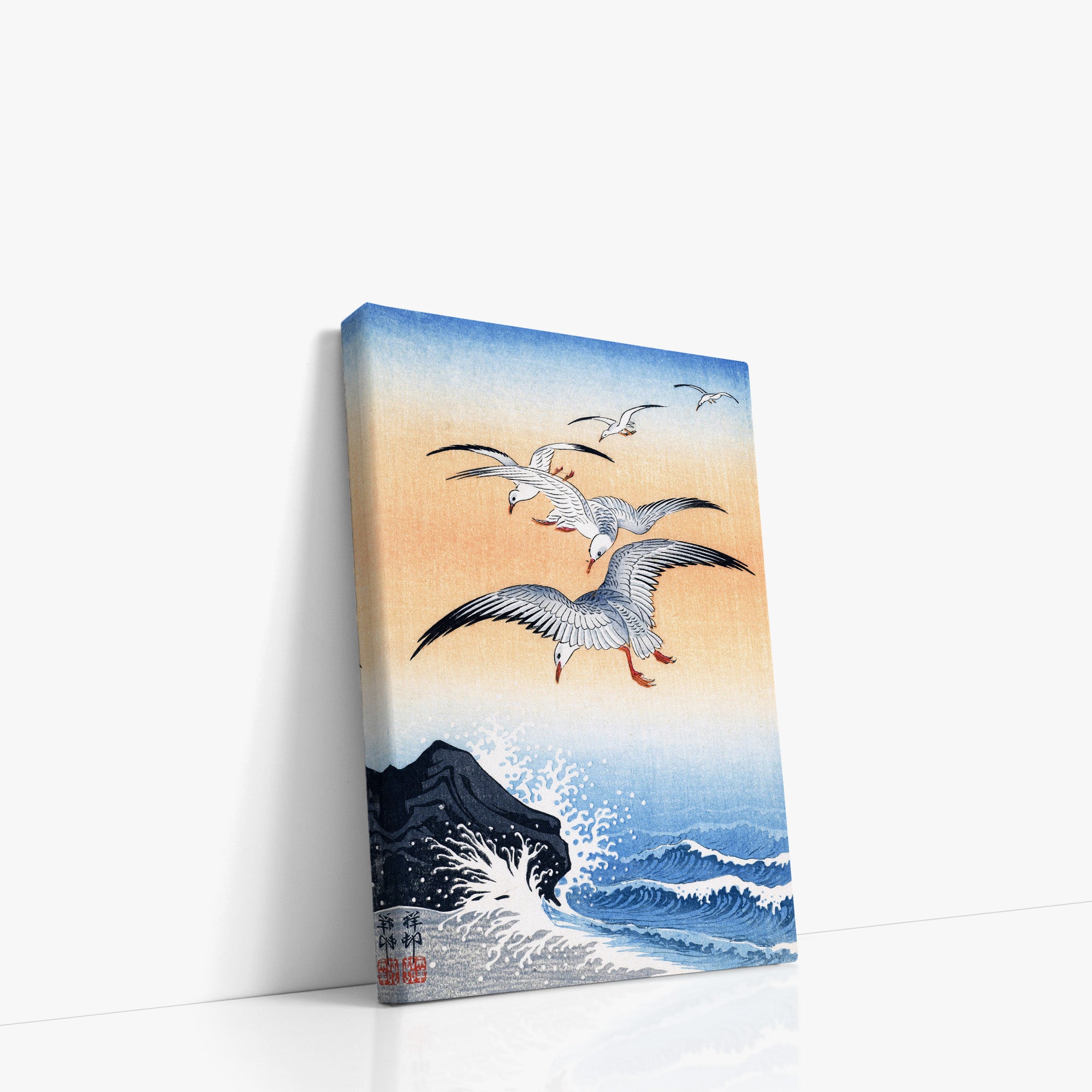 Five Seagulls Above Turbulent Sea