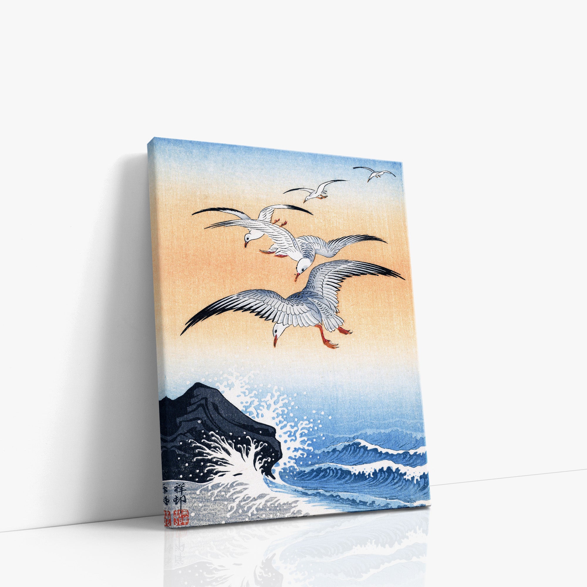 Five Seagulls Above Turbulent Sea