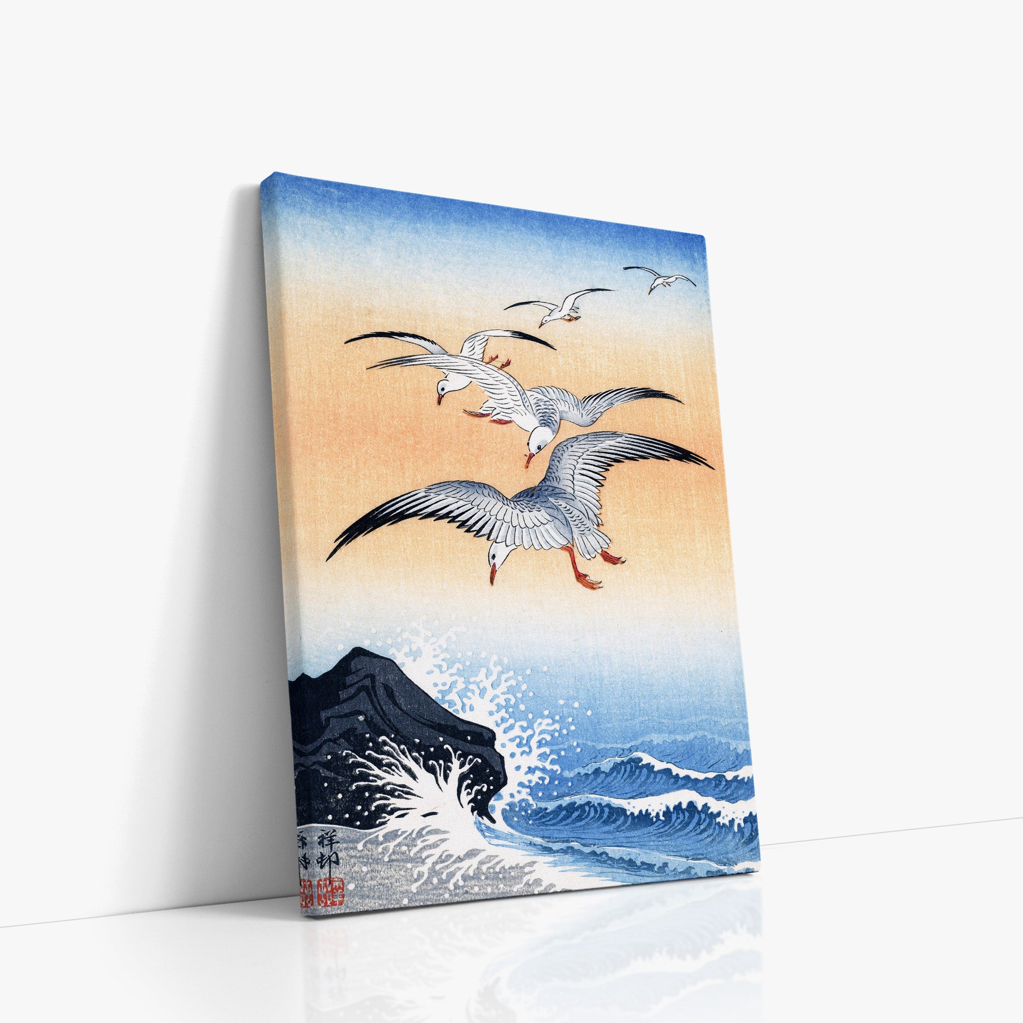 Five Seagulls Above Turbulent Sea