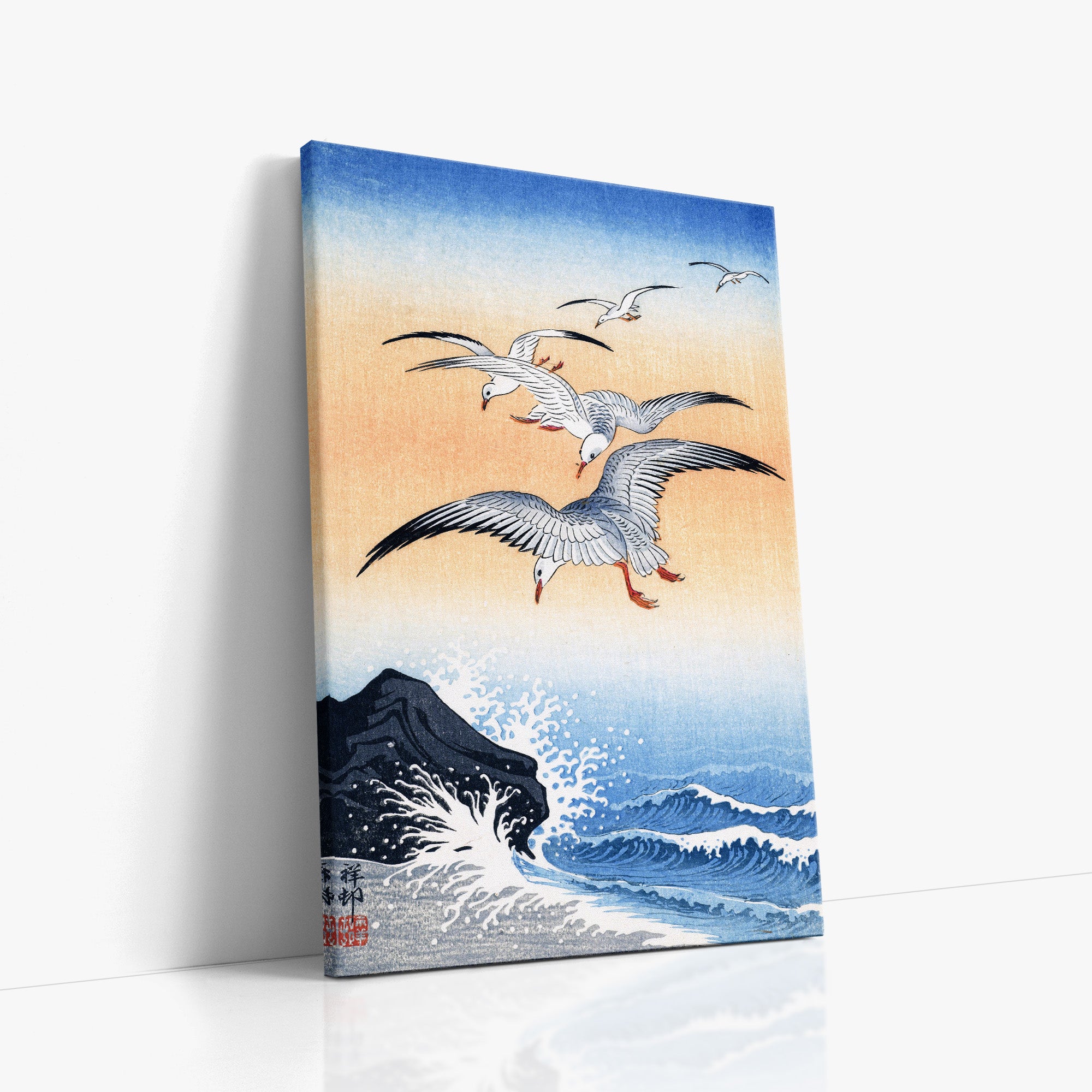 Five Seagulls Above Turbulent Sea
