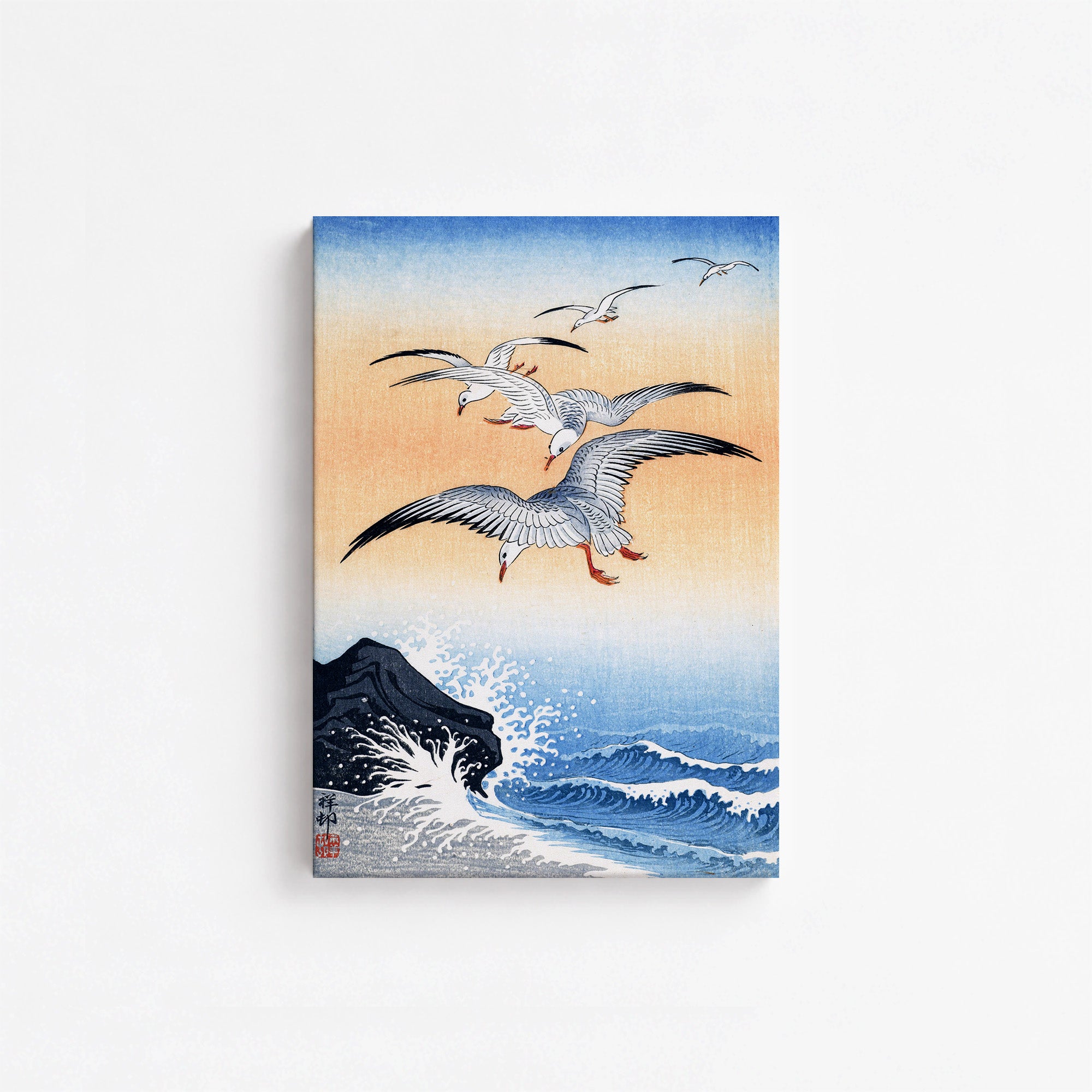 Five Seagulls Above Turbulent Sea