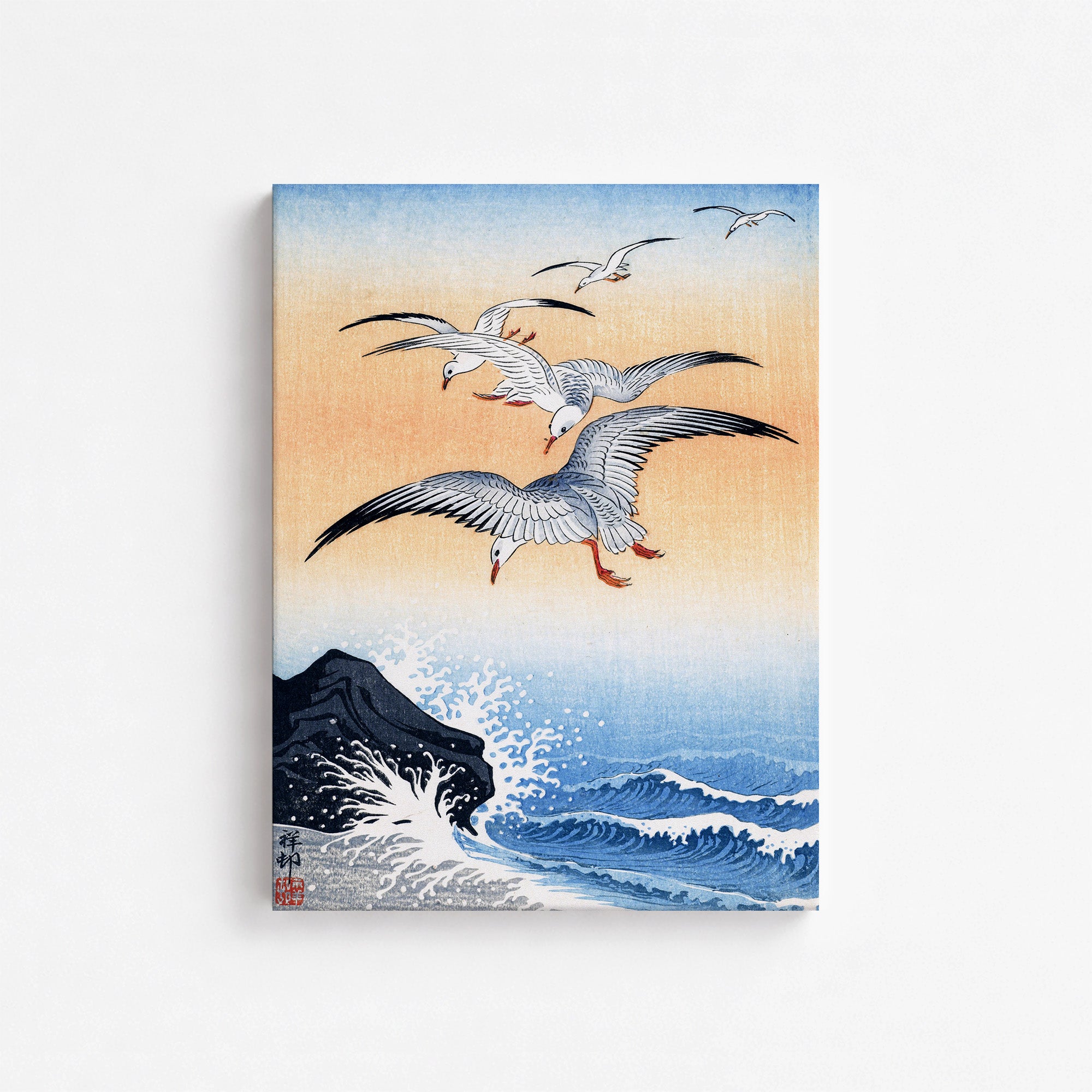 Five Seagulls Above Turbulent Sea