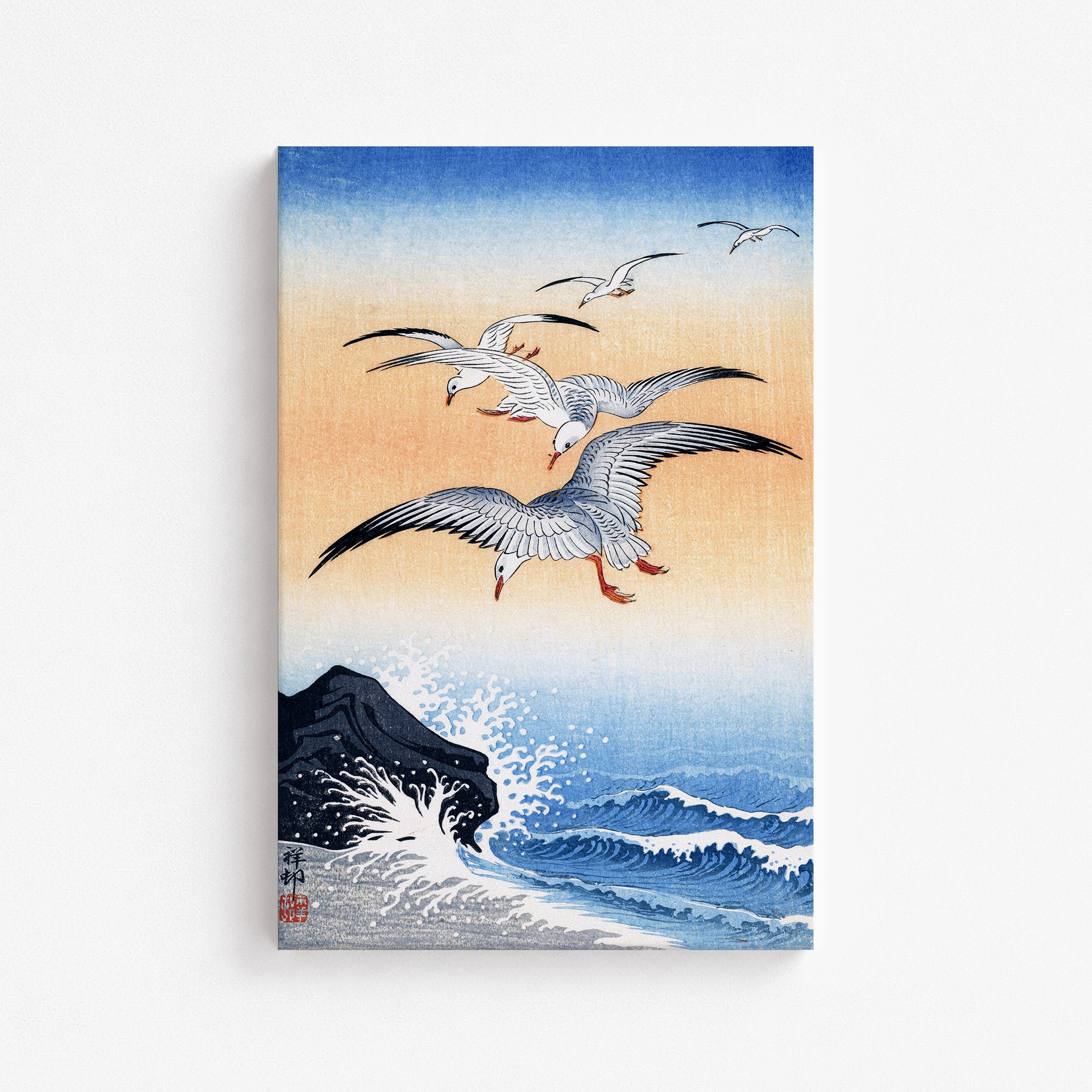 Five Seagulls Above Turbulent Sea