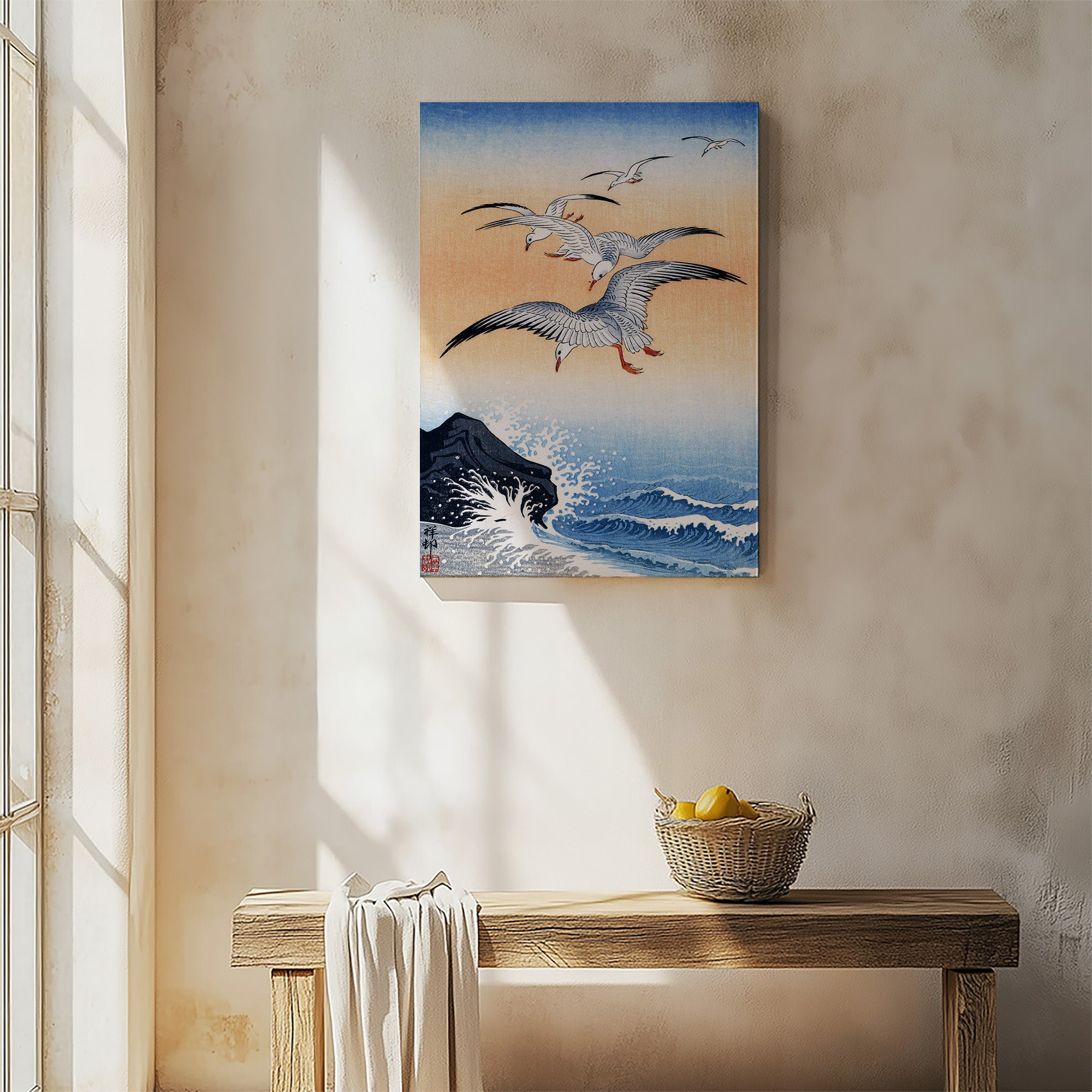 Five Seagulls Above Turbulent Sea