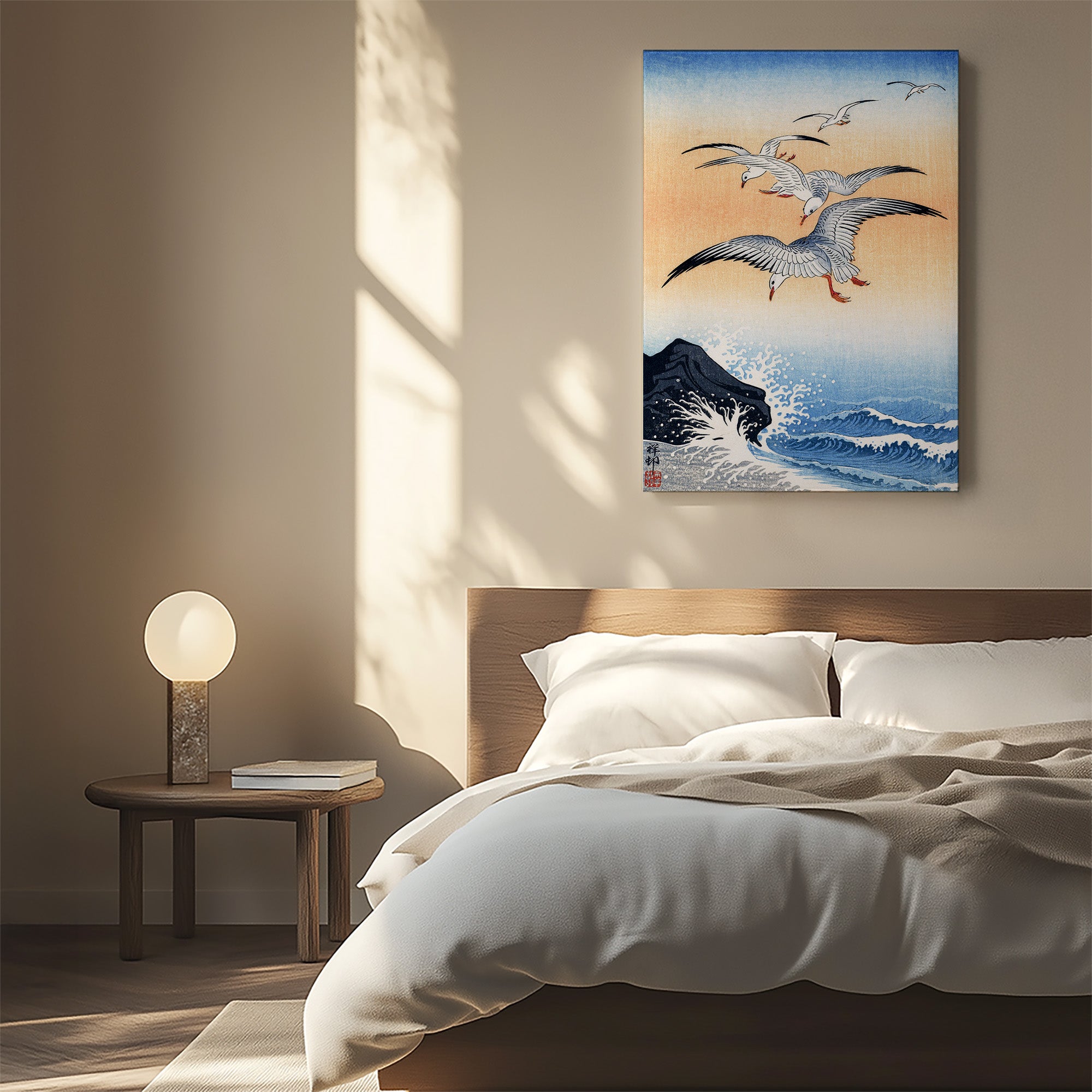 Five Seagulls Above Turbulent Sea