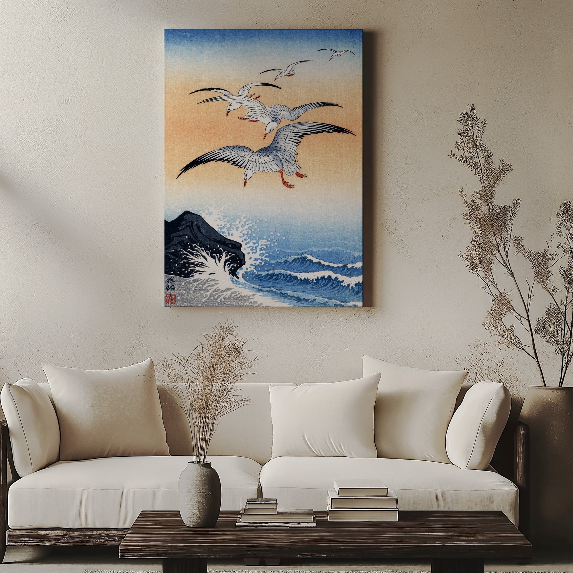 Five Seagulls Above Turbulent Sea