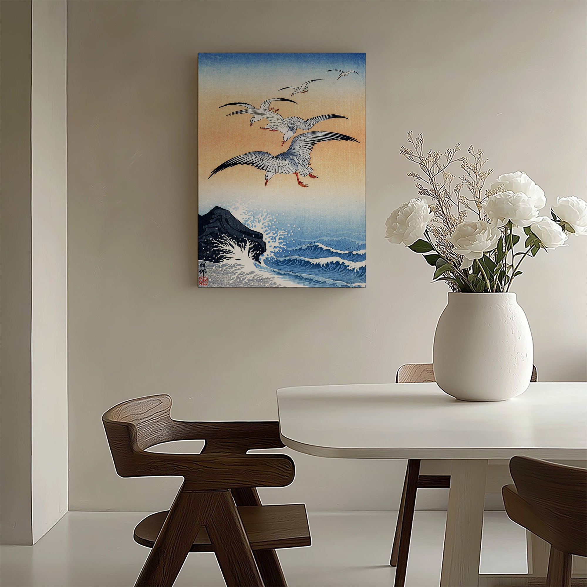 Five Seagulls Above Turbulent Sea