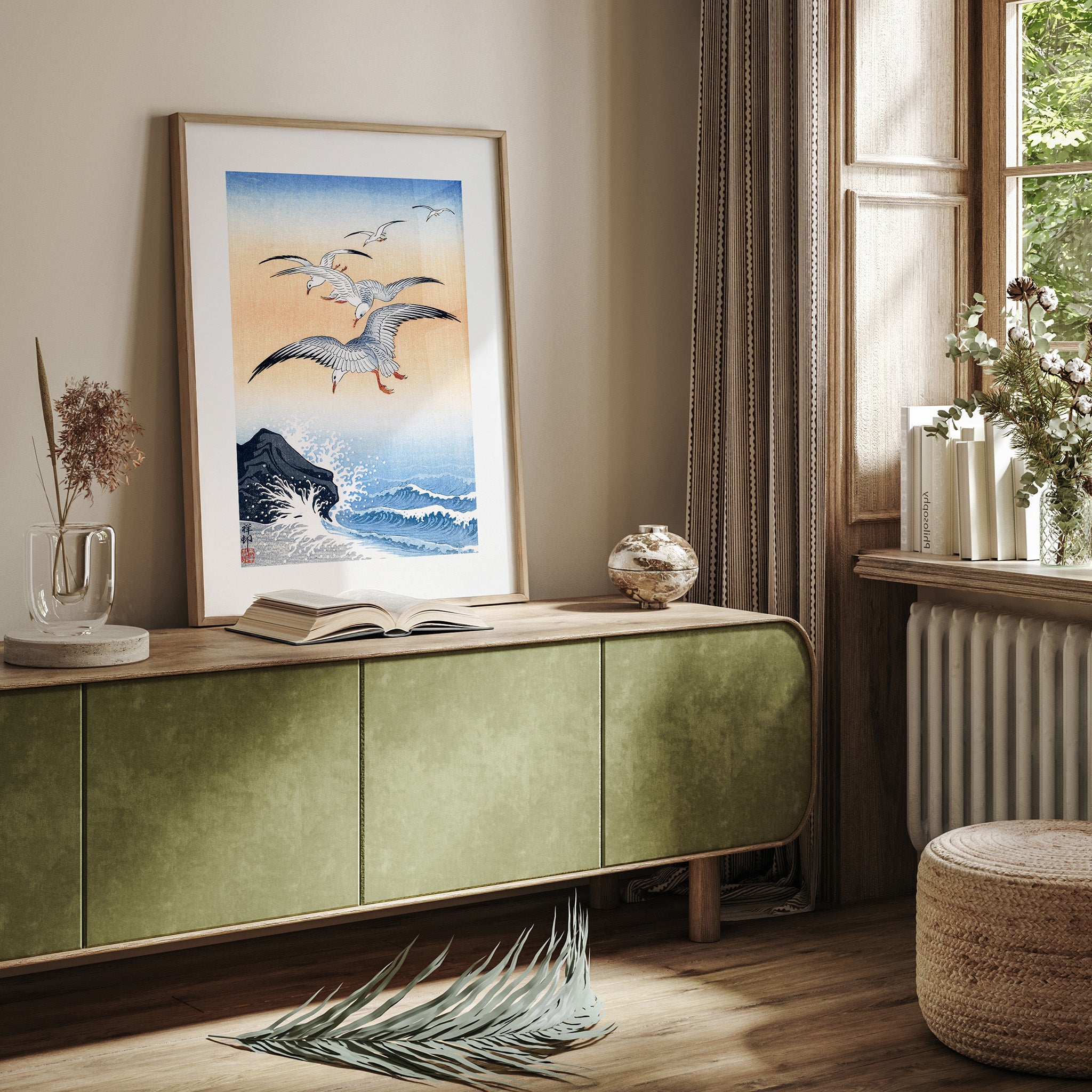 Design Concept No. 23 for Ohara Koson: Five Seagulls Above Turbulent Sea Japanese Wall Art