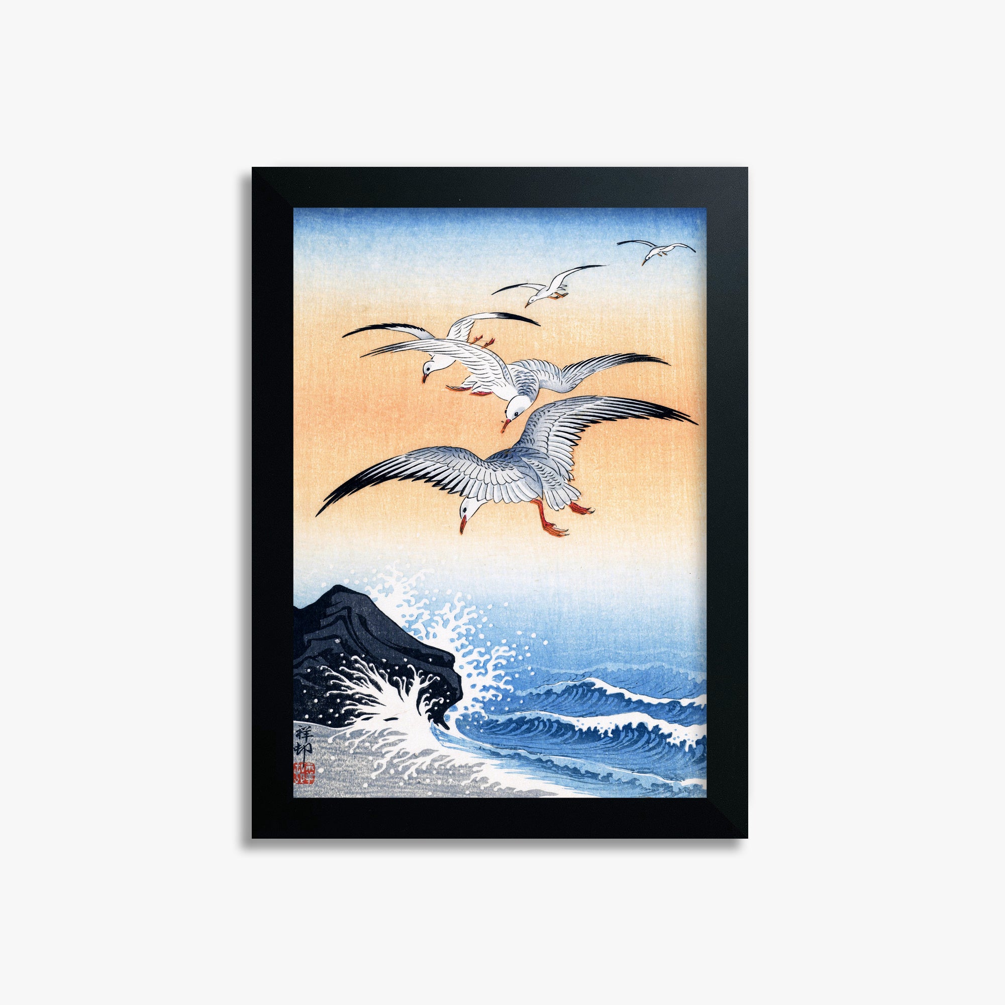 Ohara Koson: Five Seagulls Above Turbulent Sea, 21x30cm Framed Art Reproduction With Black Frame