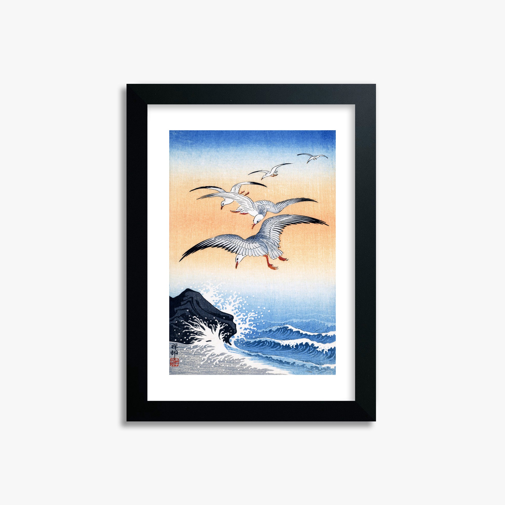 Ohara Koson: Five Seagulls Above Turbulent Sea, 21x30cm Framed Art Reproduction With Black Frame