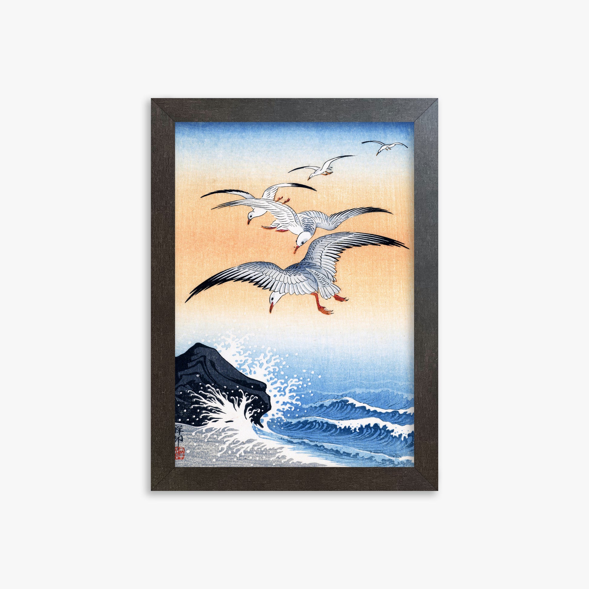Ohara Koson: Five Seagulls Above Turbulent Sea, 21x30cm Framed Art Reproduction With Espresso Frame