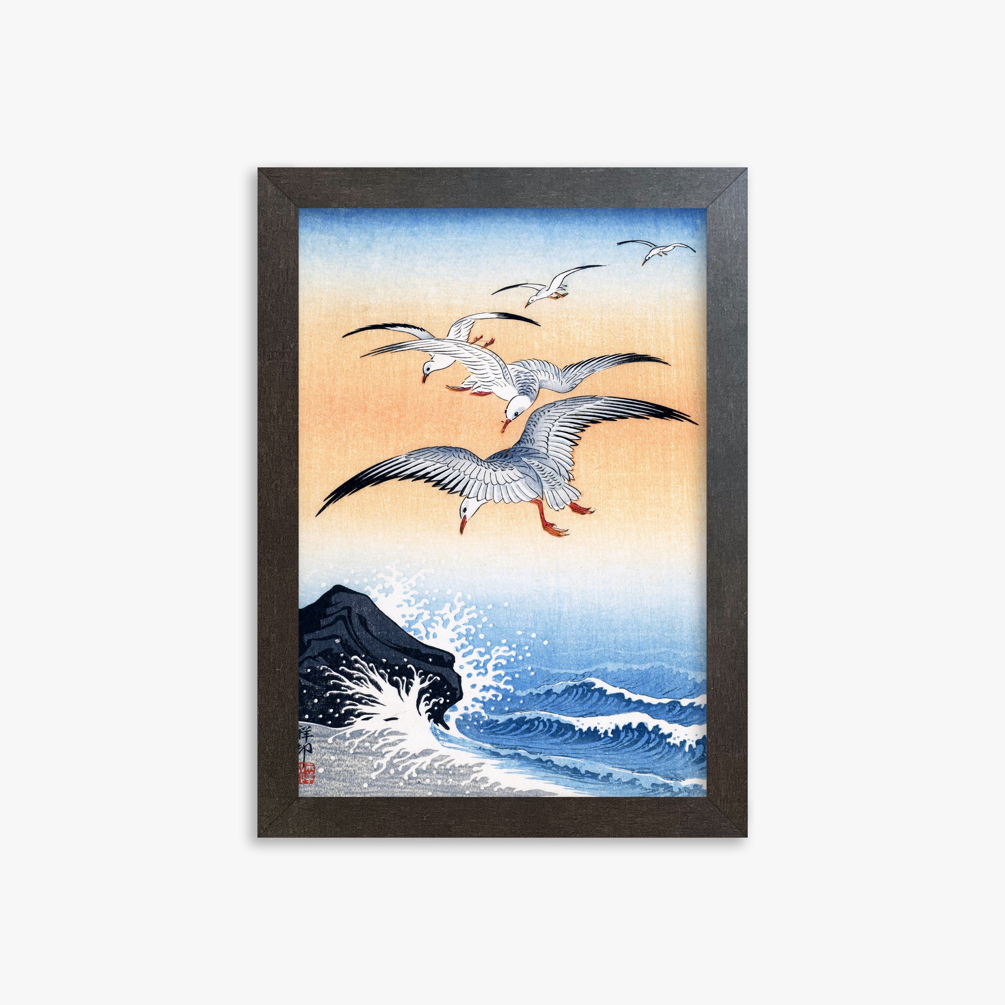Ohara Koson: Five Seagulls Above Turbulent Sea, 21x30cm Framed Art Reproduction With Espresso Frame