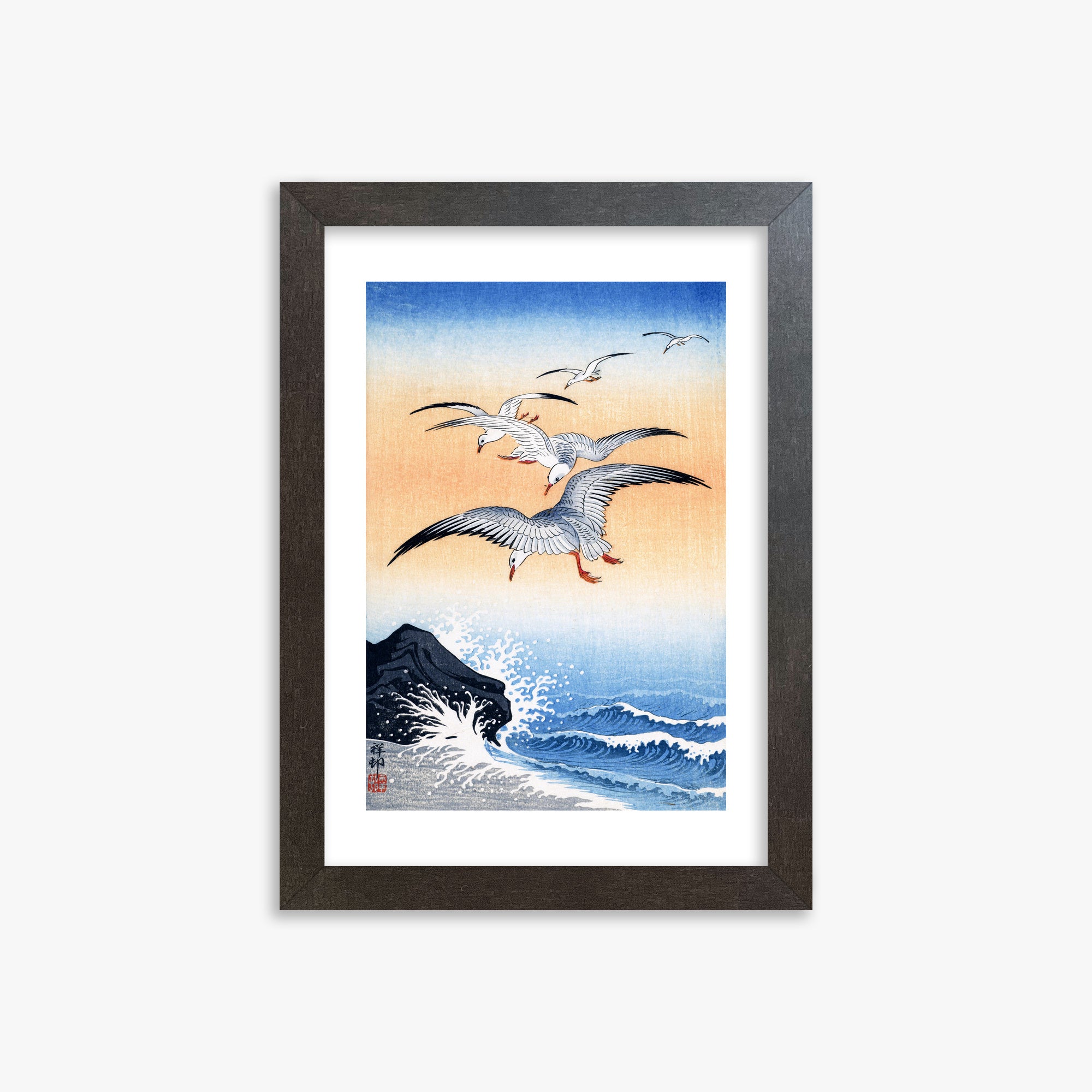Ohara Koson: Five Seagulls Above Turbulent Sea, 21x30cm Framed Art Reproduction With Espresso Frame