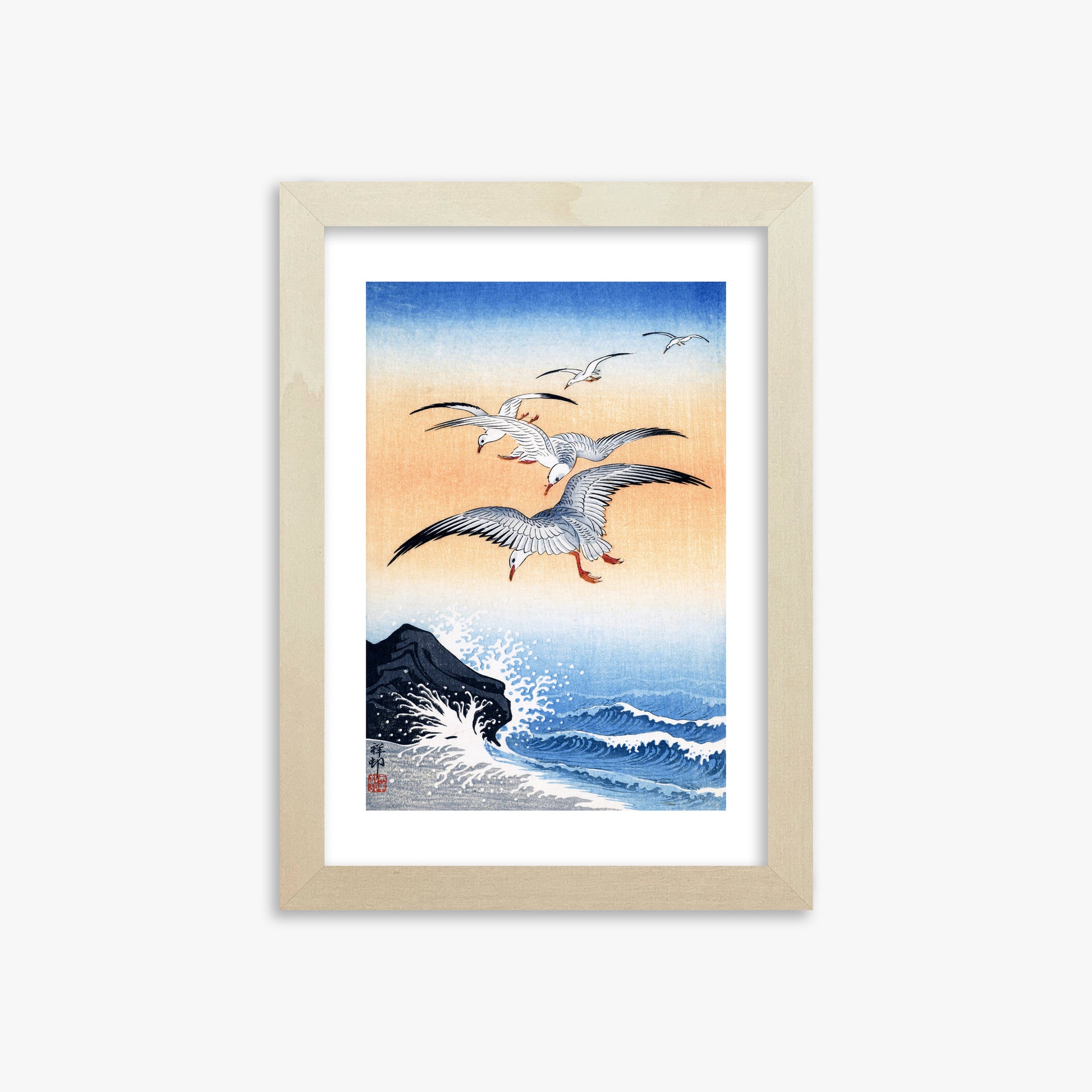 Ohara Koson: Five Seagulls Above Turbulent Sea, 21x30cm Framed Art Reproduction With Lime Wood Frame