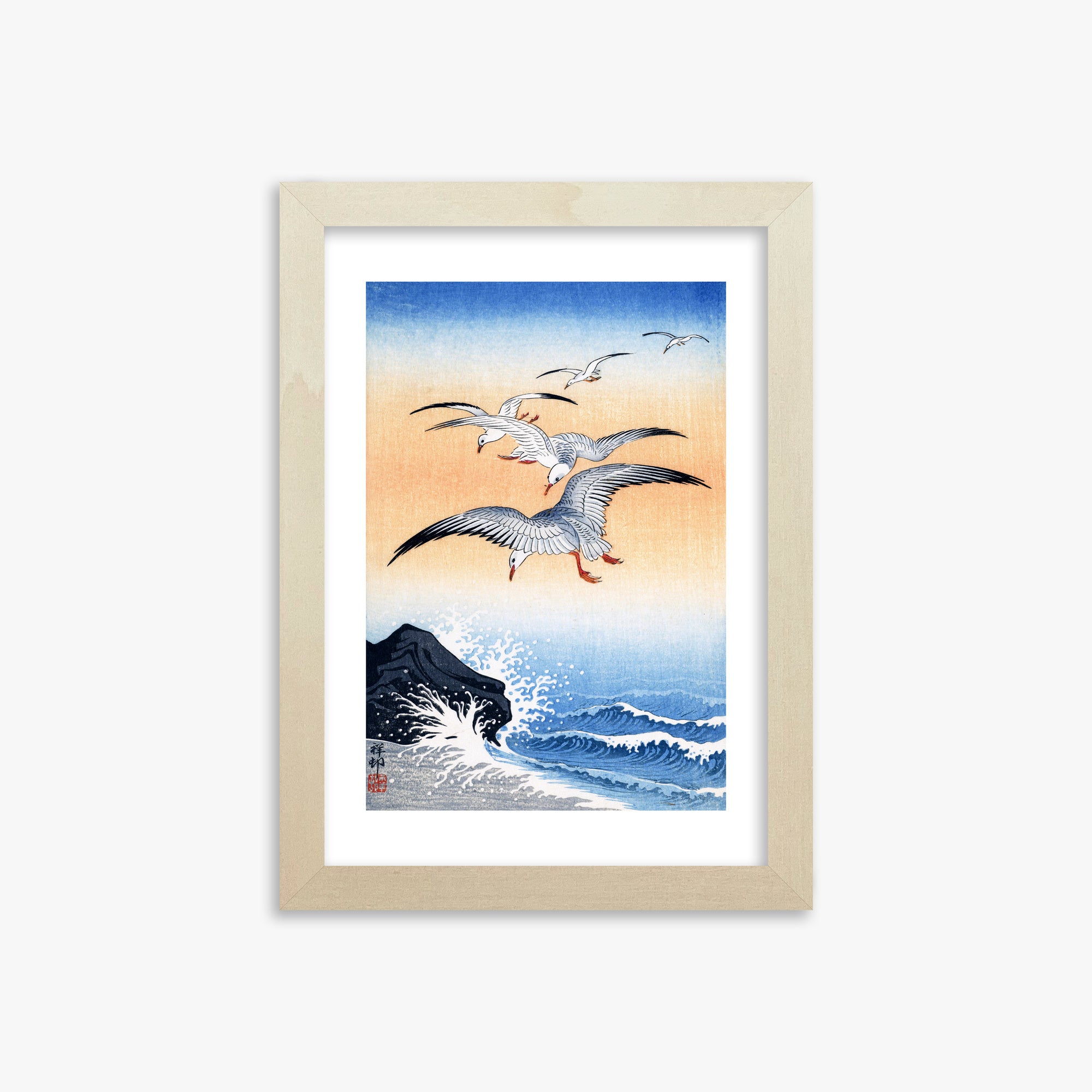 Ohara Koson: Five Seagulls Above Turbulent Sea, 21x30cm Framed Art Reproduction With Lime Wood Frame