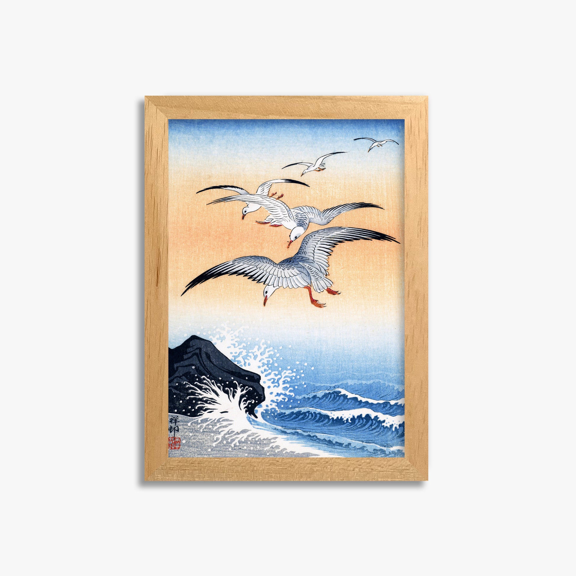 Ohara Koson: Five Seagulls Above Turbulent Sea, 21x30cm Framed Art Reproduction With Oak Frame