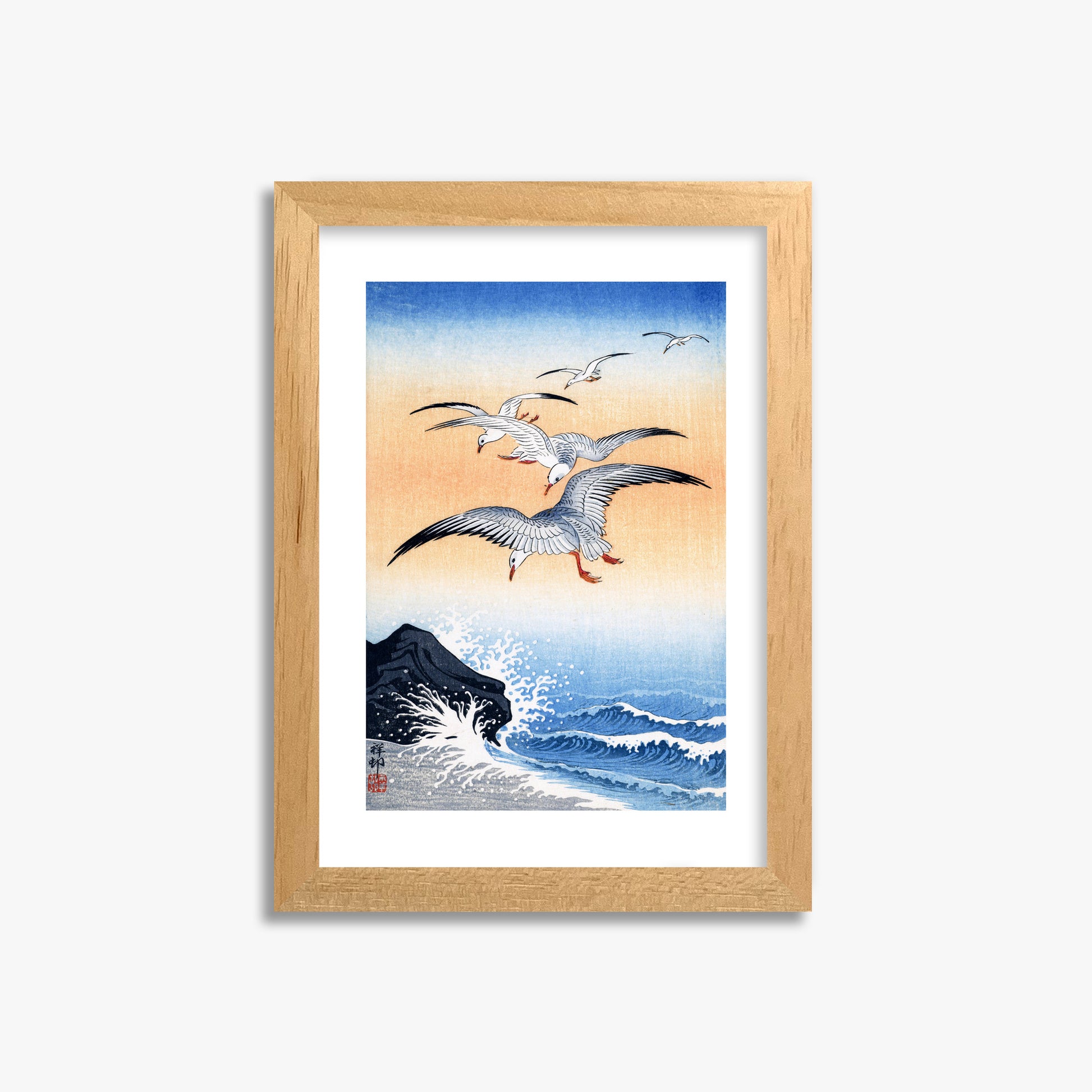 Ohara Koson: Five Seagulls Above Turbulent Sea, 21x30cm Framed Art Reproduction With Oak Frame